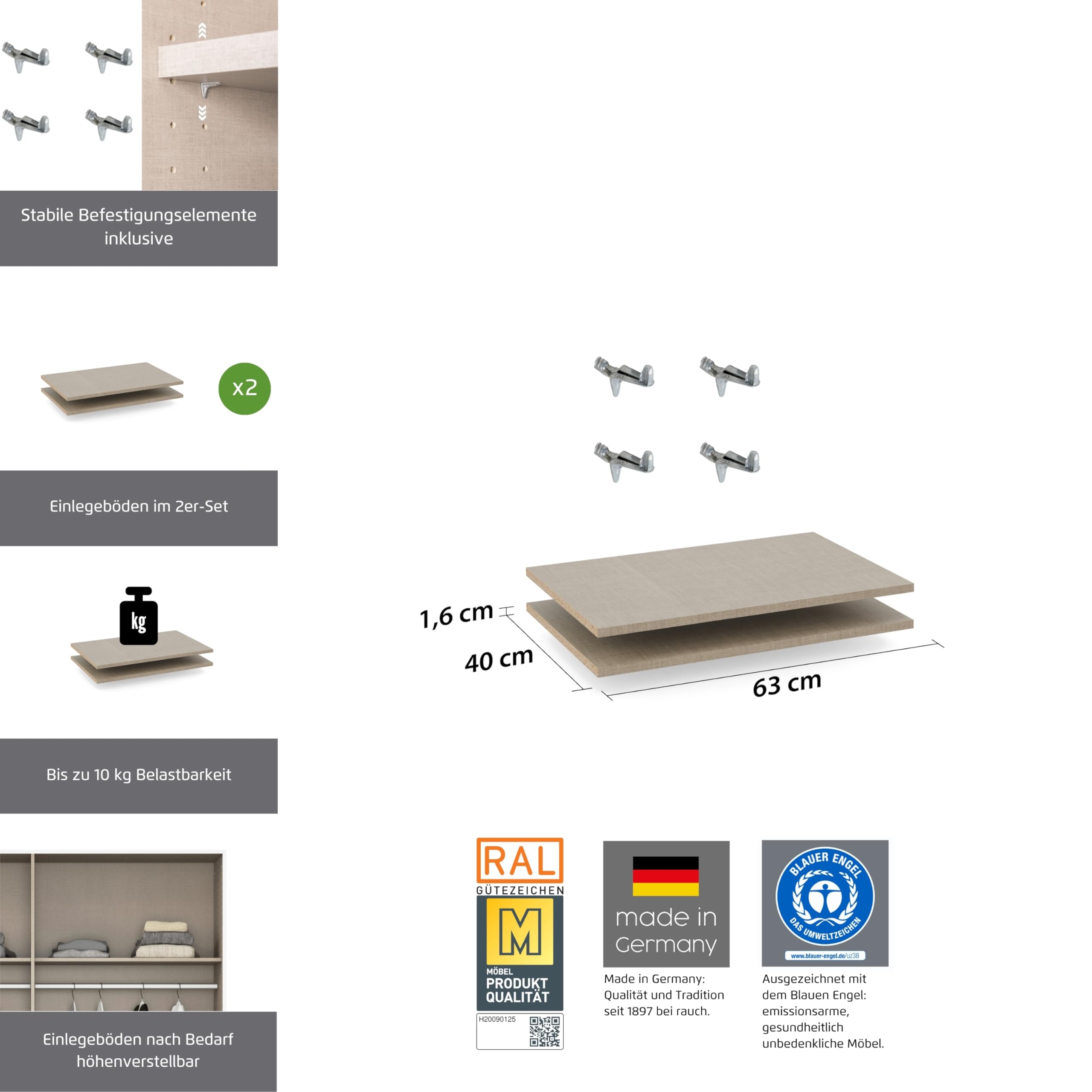 Rauch Möbel Zubehör, Einlegeböden 2er-Set für Elementbreite 65 cm, Farbe Texline Leinenoptik, Maße 63x1,6x40cm