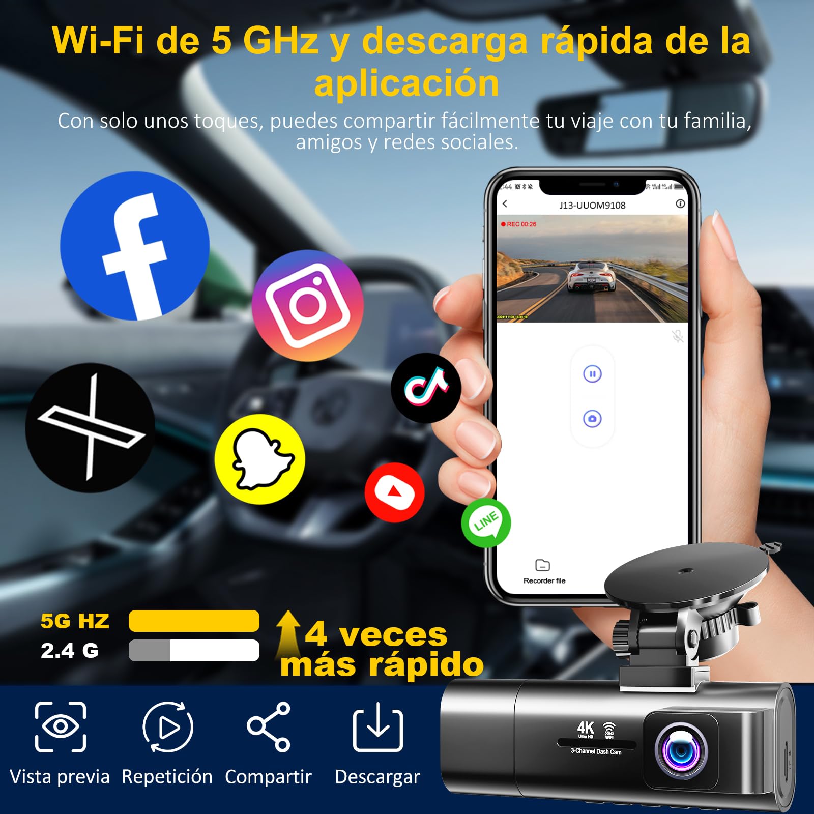 3 Canales Dash CAM Coche, 4K+1080P+1080P Camara Coche, 5G WiFi, Tarjeta 64G, Pantalla 3.16", Super Visión Nocturna, Gran 170°, WDR, Grabación de Bucle, G-Sensores, Monitorización 24 Horas para Coche