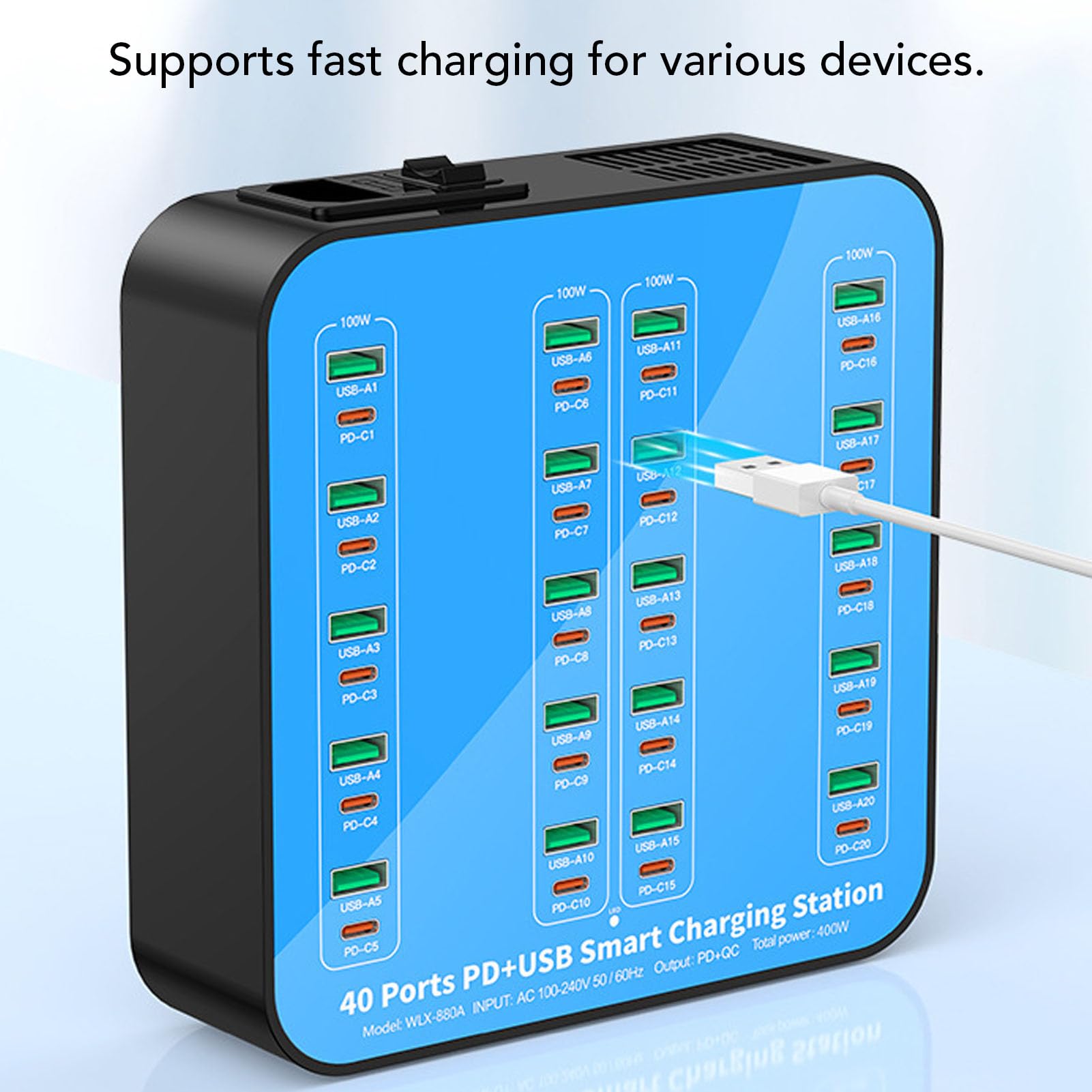 Station de Chargement USB, Chargeur Multi-périphériques 400W 40 Port avec 20 Ports USB 20 PD, Bloc de Chargeur USB C pour Smartphones Tablettes Ordinateurs Portables (Prise UE)
