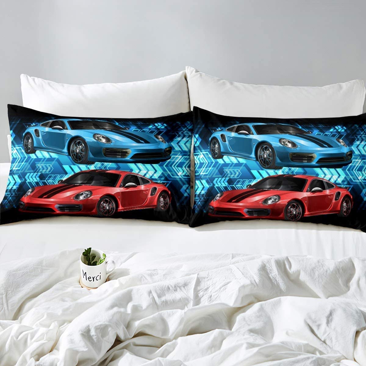 Juego de cama Coches 200x200cm Flecha Funda de edredón Juego de ropa de cama de Coche Deportivo Racing Coche Deportivo Rojo Azul Negro Transpirable Dormitorio Decoración Brillante