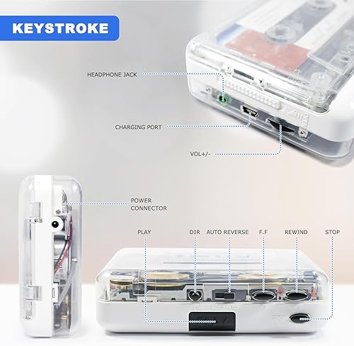 Miniatura 6 de Reproductor de cassette estéreo automático y transparente, movimiento de rueda de cobre frío integrado y auriculares, convertidor de cinta de casete