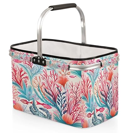 Kizmoglux Fish Coral Collapsible Market Basket, Foldable Picnic Basket - Large Shopping Basket with Handles, Portable Folding Bag for Shopping Camping Picnic