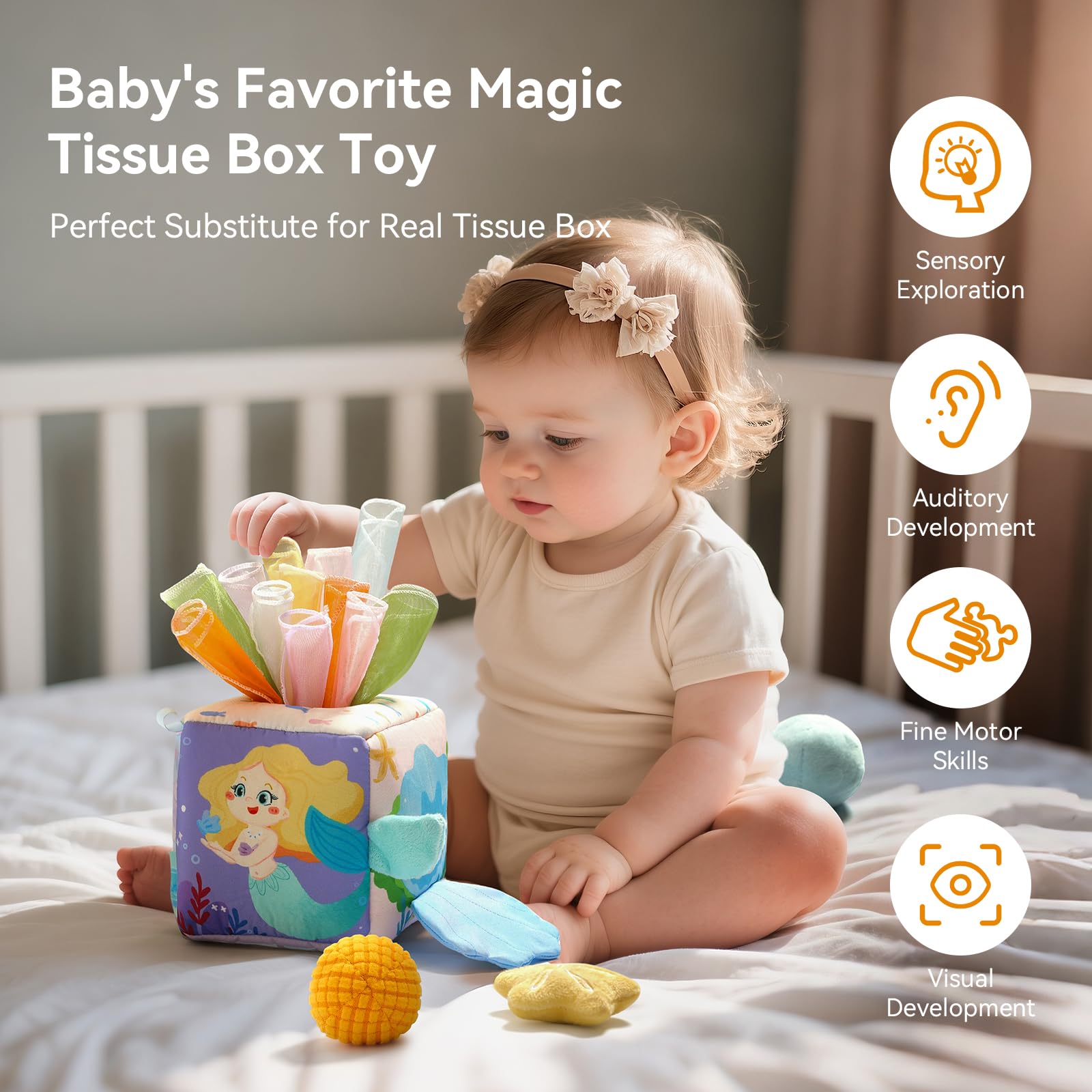 WOODEN TEETHER Baby Tissue Box Toy Mesi Montessori Sensorial Giocattolo, Promuove Le capacità sensoriali e motorie, con specchi, Colori, Trame, Suoni, Ragazzi e Ragazze (Sirena)