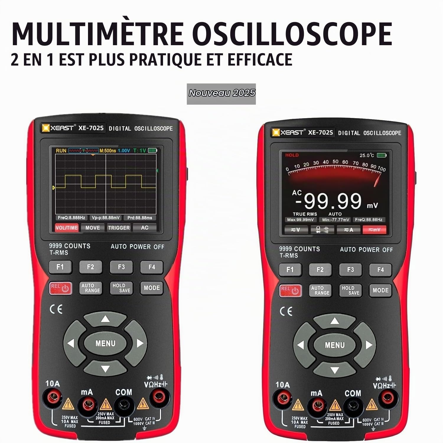 Oscilloscope portable, Multimètre numérique 9999 Counts, Avec sonde de température, Bande passante 10MHz 48MSa/s High Sampling LED Oscilloscope, Fonction d'auto-calibration DC/AC Tension/courant Test