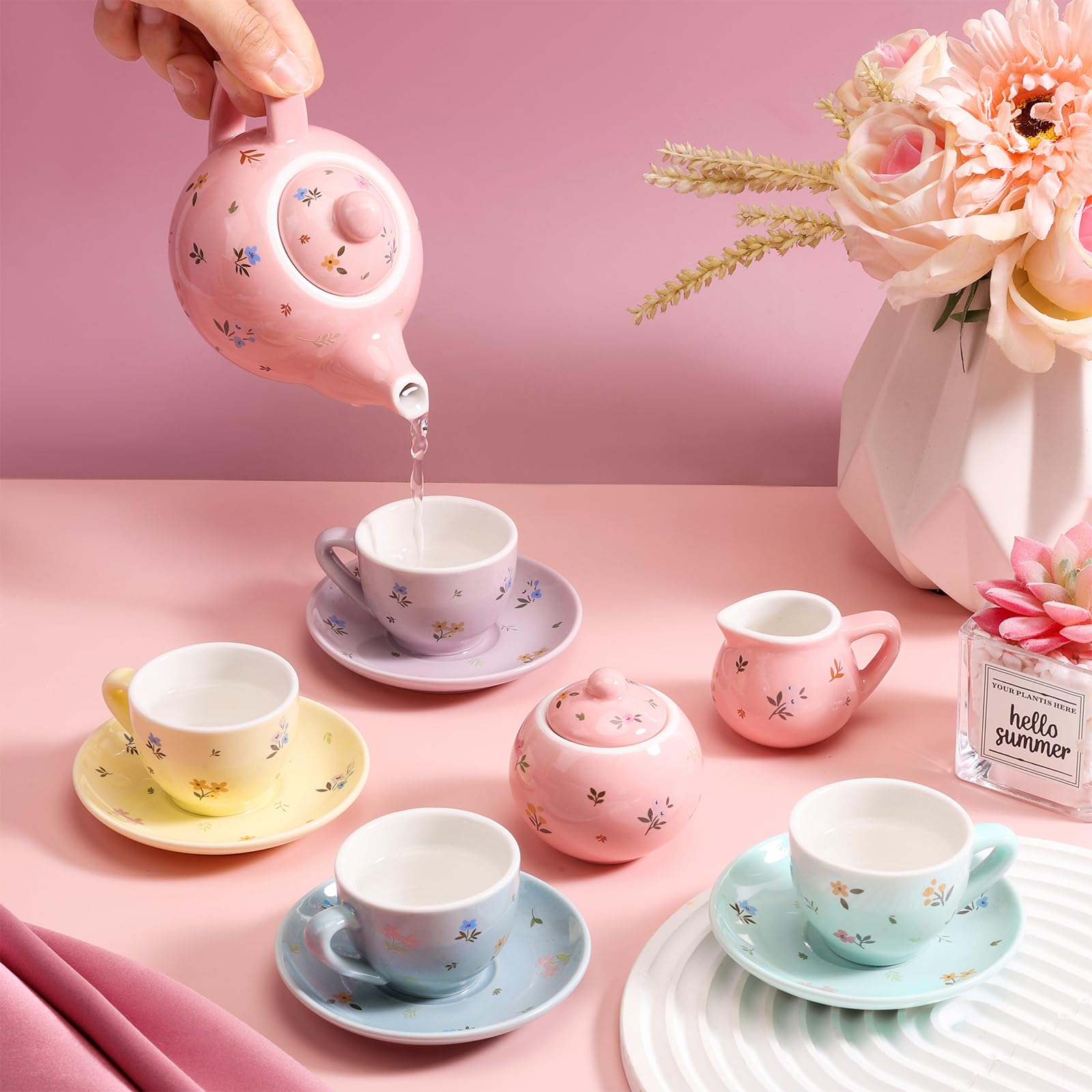 CHENP.HMC Juego de fiesta de té para niñas pequeñas, juegos de 13 piezas para fiesta de té de lata con tazas, platillos, platos y bandejas para servir, regalo de cumpleaños para niñas (HWC)
