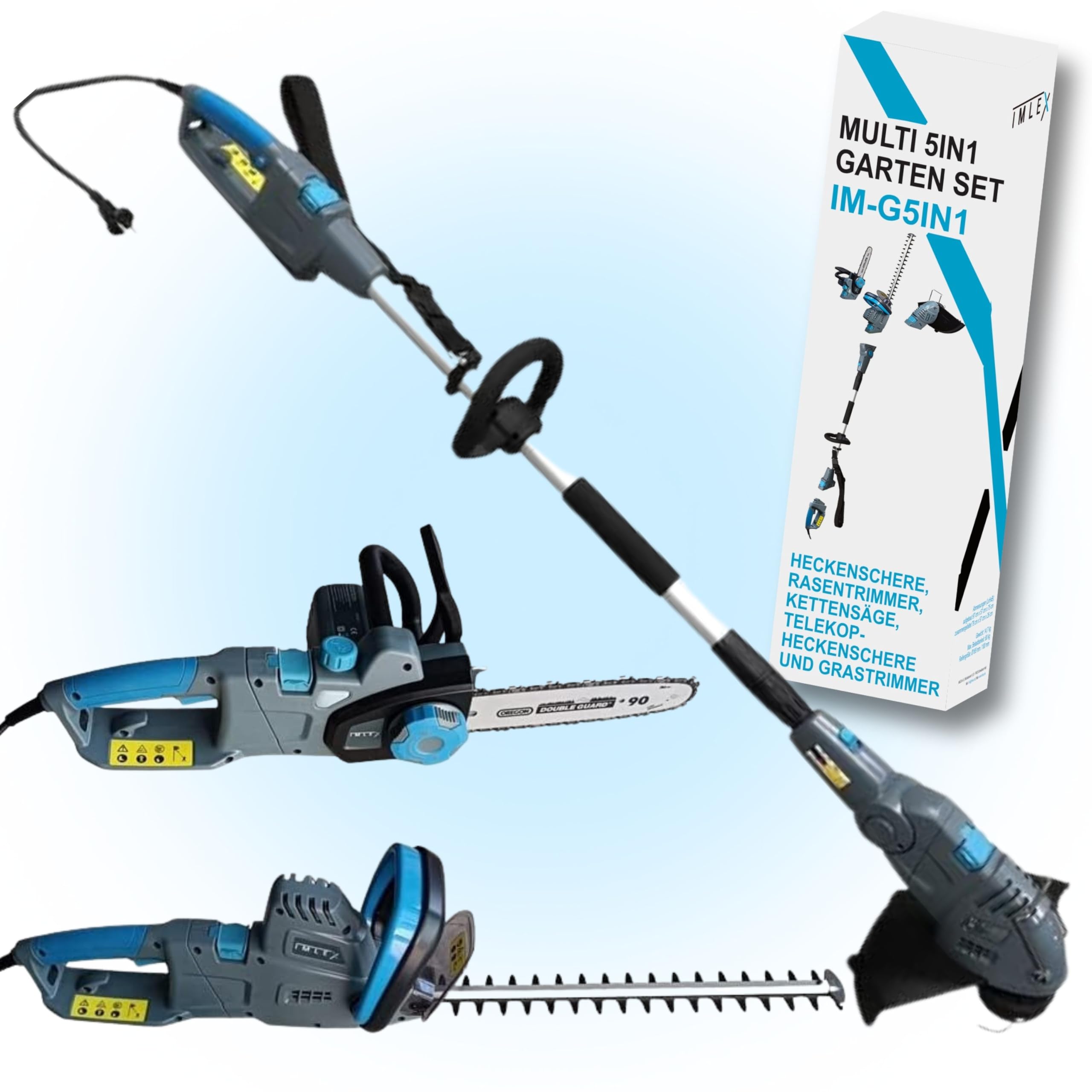 IMLEX IM-G5IN1 Multi-Kombi-Garten-Set 5in1 Heckenschere Rasentrimmer Kettensäge