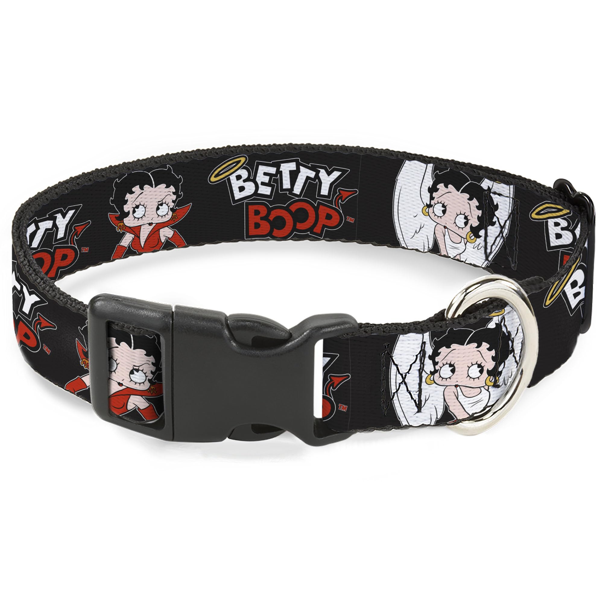 Fleischer Studios, Inc. Pet Collar, Dog Collar Plastic Buckle, Betty Boop Angel and Devil Poses with Text Black White Red, 11 to 16.5 Inches 1.0 Inch