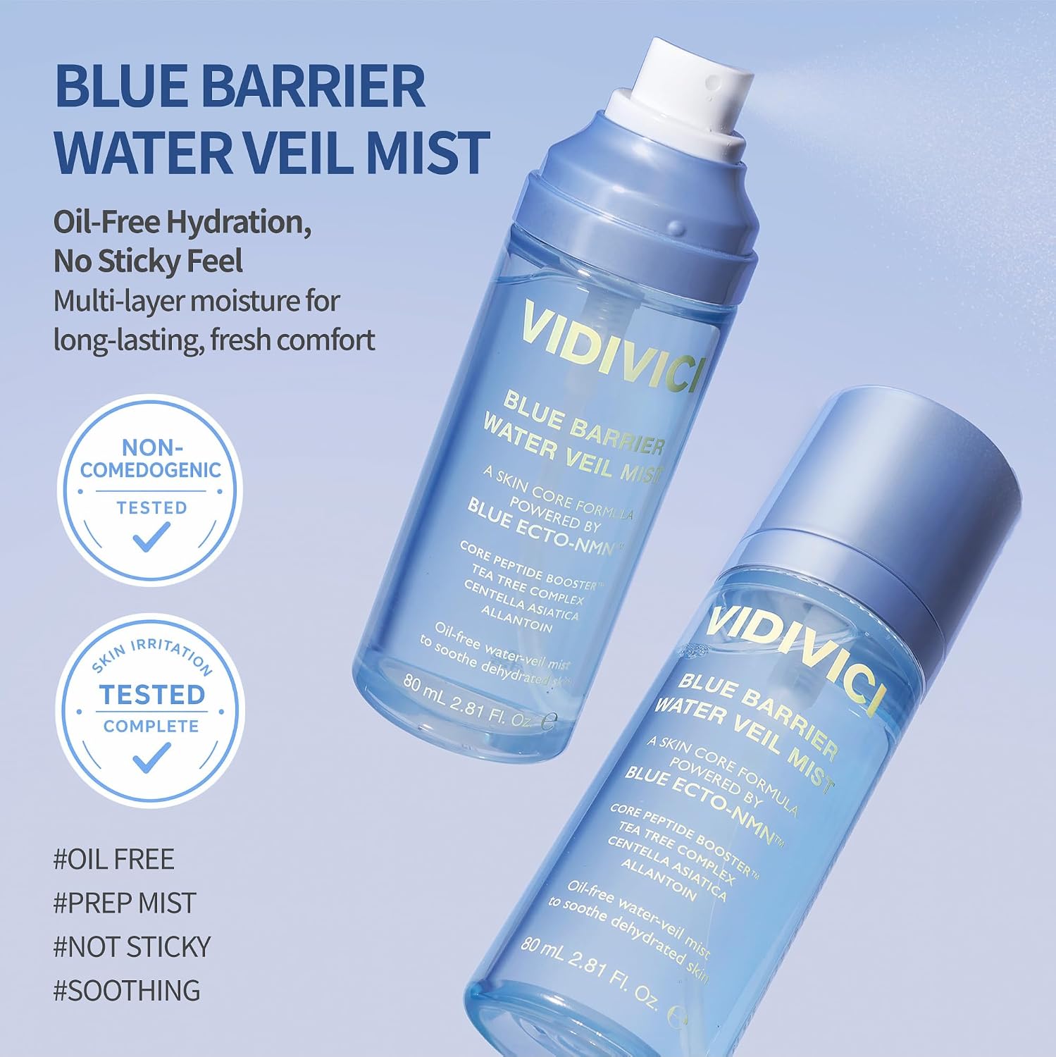 VIDIVICI Blue Barrier Water Veil Mist, 2.81 fl oz, Tea Tree, Allantoin & Centella Soothing Mist, Fragrance-Free Hydrating Face Mist, Korean Skincare