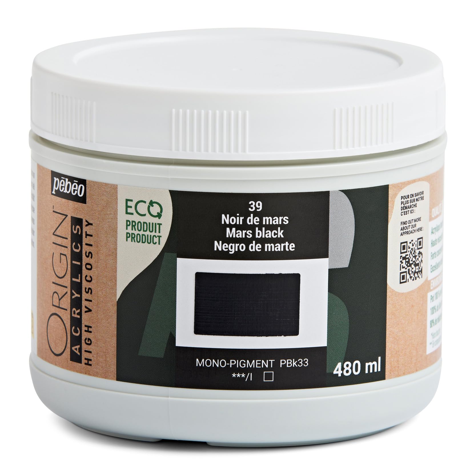 PEBEO - Origin Acrylics 480 ml - Eco-designed Acrylic Paint - High Viscosity - Matt Finish - 100% Recycled Binder - 96% European Origin Raw Materials - Mars Black