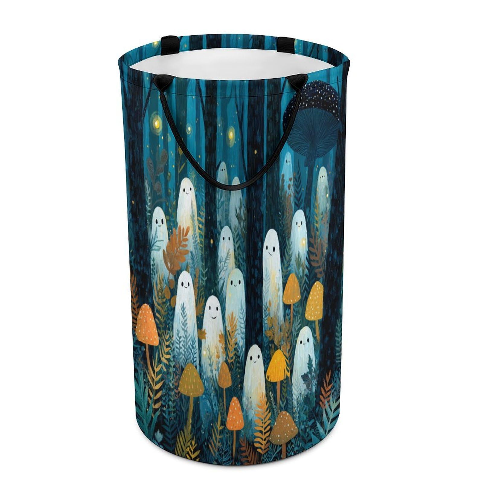 LUYYSKY Rustic Cartoon Cute Ghost Collapsible Dirty Clothes Basket, Fantasy Painting Art Mushroom Forest Ghost Pattern Portable Clothes Storage Basket