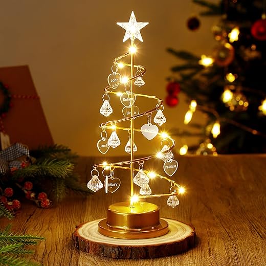Personalized Crystal Christmas Tree Lamp 13" Family Names Tabletop Christmas Tree Night Light Lighted Spiral Xmas Lamp Table Decoration Gifts for Women Men Boyfriend Girlfriend Grandparents