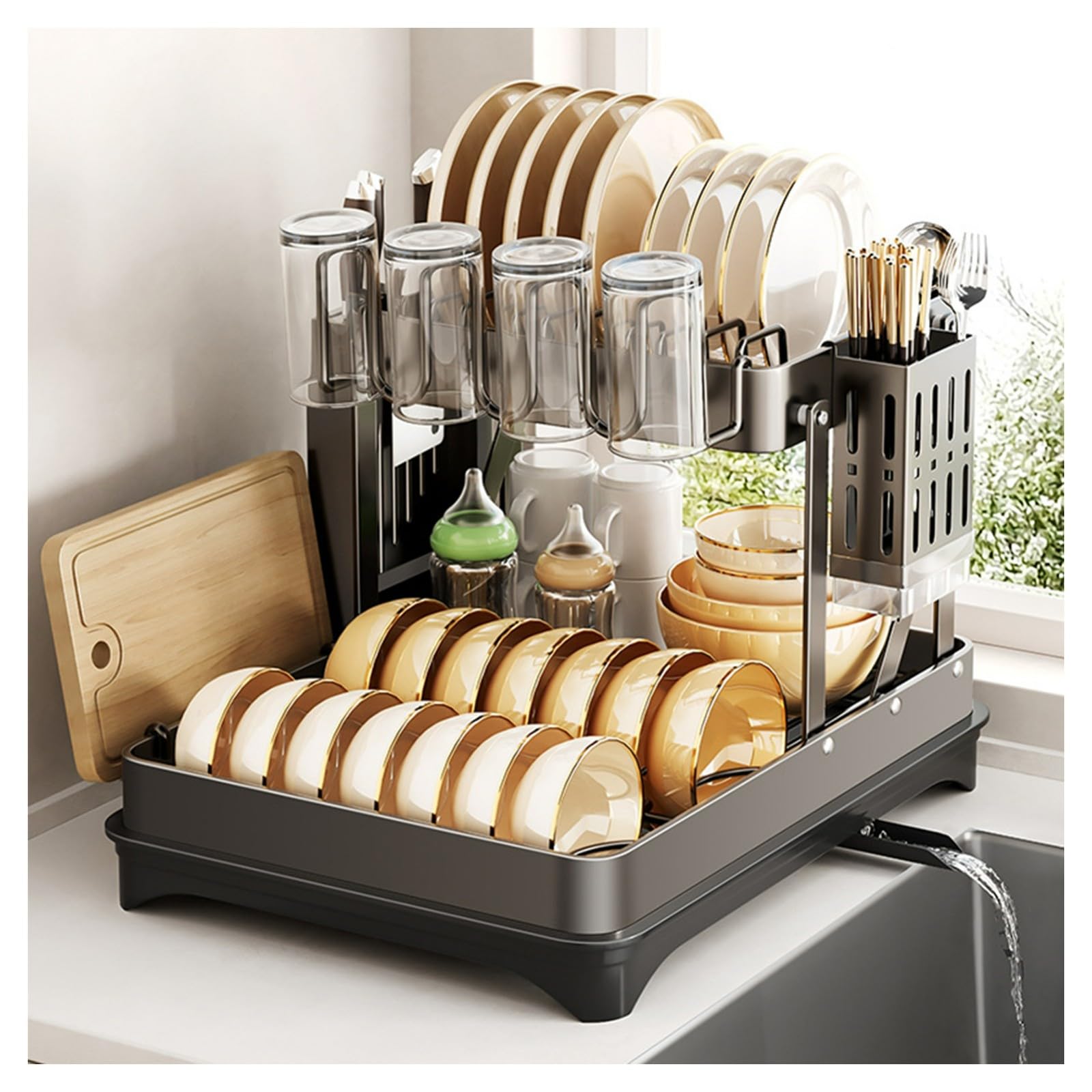 DFGHNBVC 2-Tier Stainless Steel Dish Drying Rack With Drainboard, Space-Saving Design For Kitchen Counter, Includes Utensil Holder Cup Storage, Stylish White Finish,Black