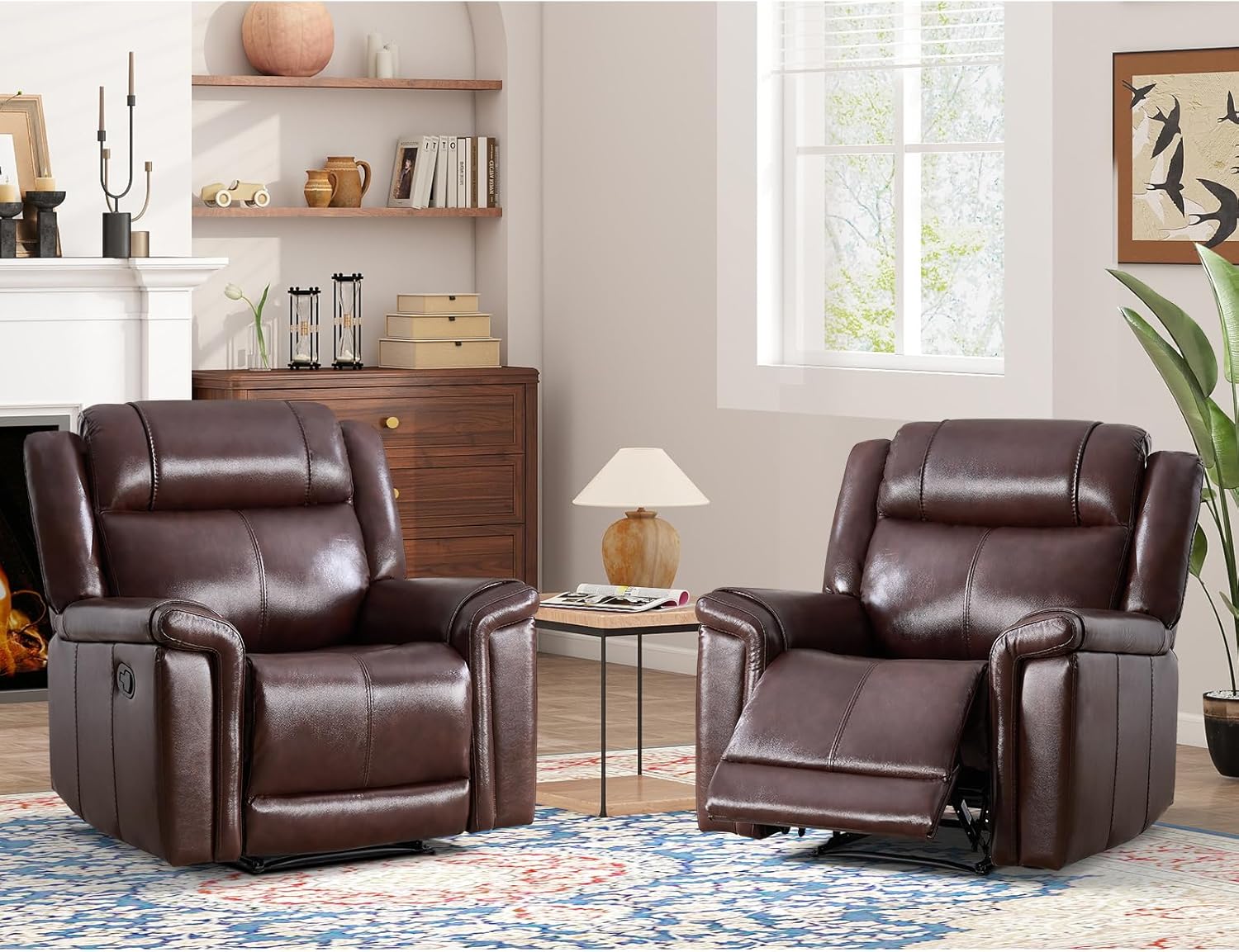ANJ Premium Genuine Leather Manual Recliner Chair for Adults, Overstuffed Recliners Set of 2 with Padded Backrest, Heavy Duty Reclining Sofa for Living Room, Rust Brown