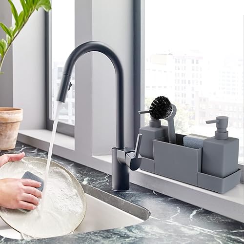 Miniatura 5 de Juego de dispensador de jabón de cocina con soporte de esponja para fregadero, organizador, dispensador de jabón de manos y de platos con cepillo