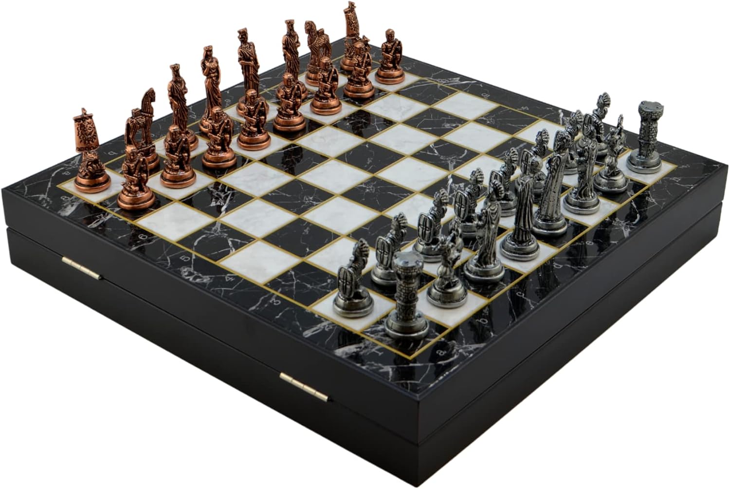Metal Chess Set for Adults Troy-Spartan Antique Copper Figures,Handmade Pieces and Different Design Wooden Chess Board with Storage (Marble)