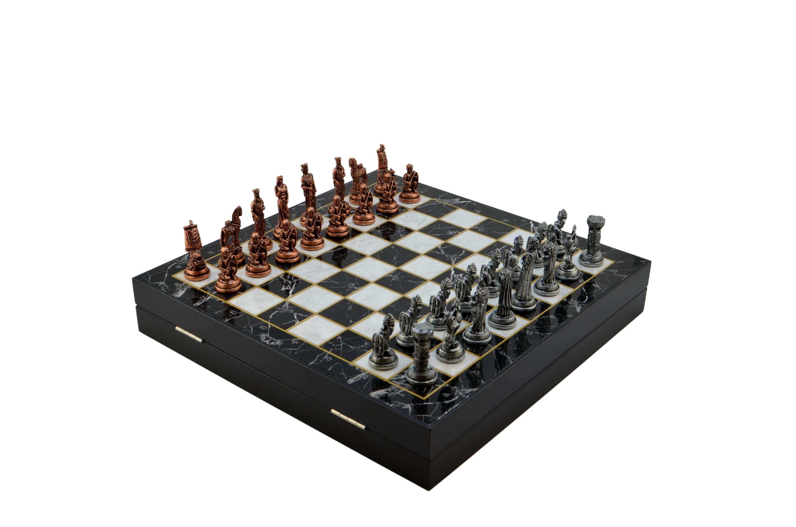 GiftHome Orta Boy Metal Truva-Sparta Satranç Takımı Antik ve Mermer Desenli Sandıklı MDF Tahtası (36x36x6 cm.)