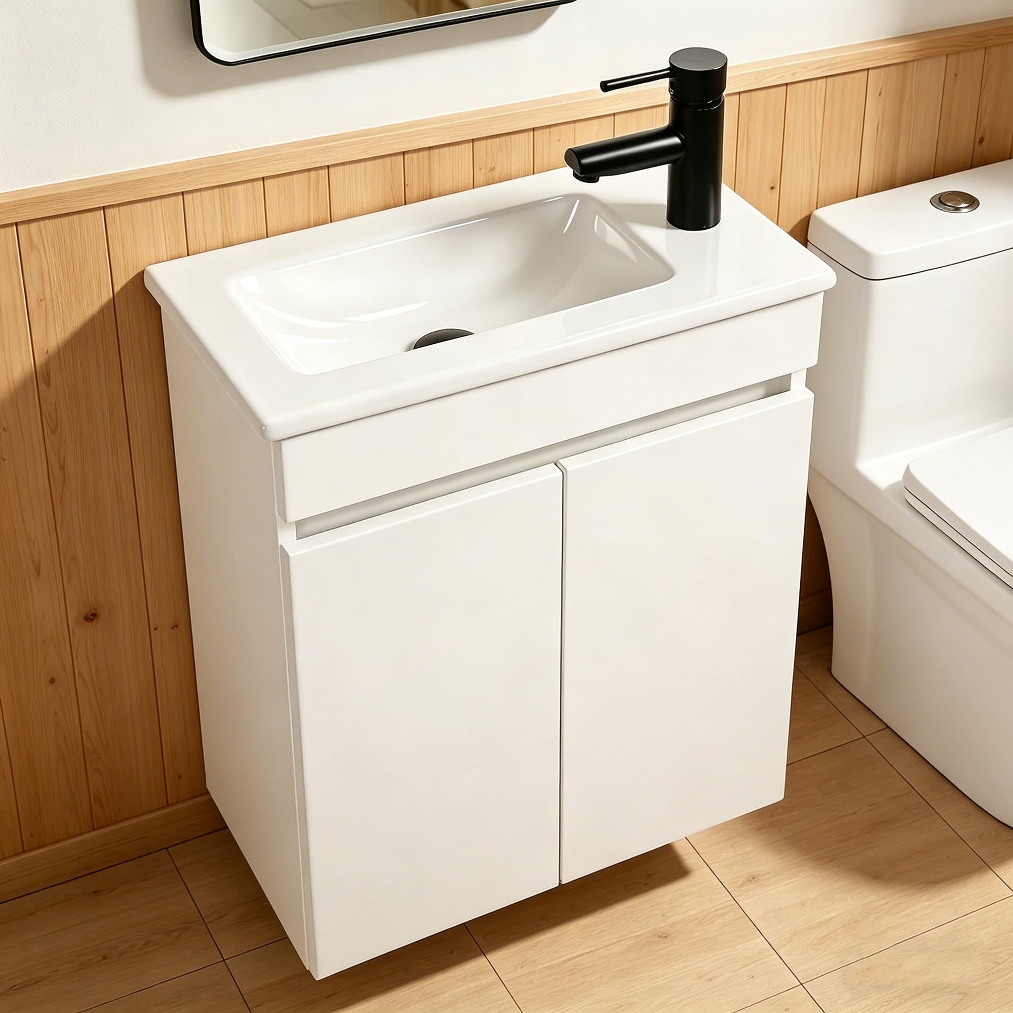 NUESTRA VIDA Mobile sottolavabo 50 cm con mobiletto, set di mobili da bagno con lavabo, mobile da appendere per piccoli bagni, ospiti, WC, senza rubinetto, bianco (50 x 27 x 58 cm)