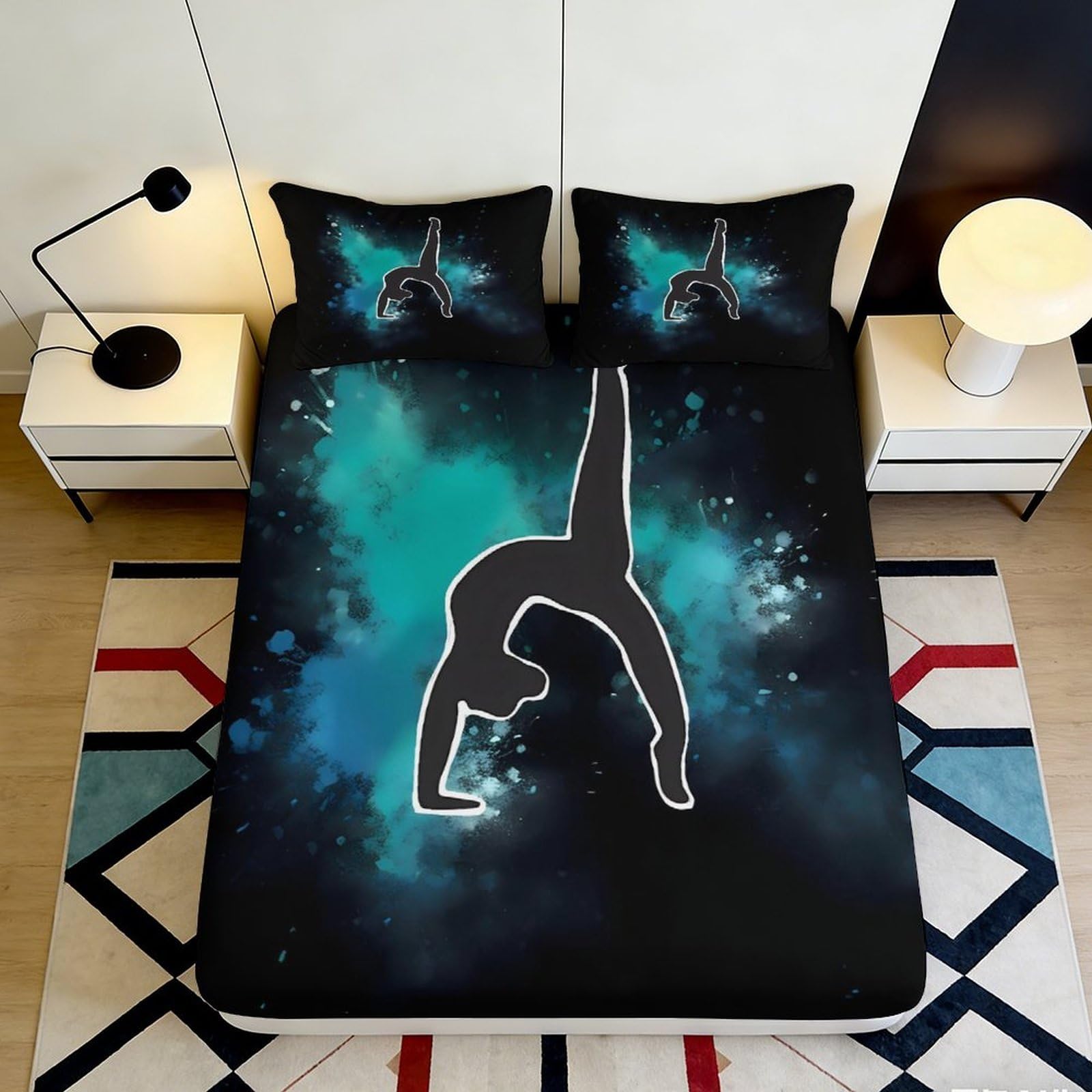 3D Printed Galaxy Starry Sky Fitted Sheet Microfiber Modern Gymnast Silhouette Mattress Cover Bedroom Decor 90x200x25cm