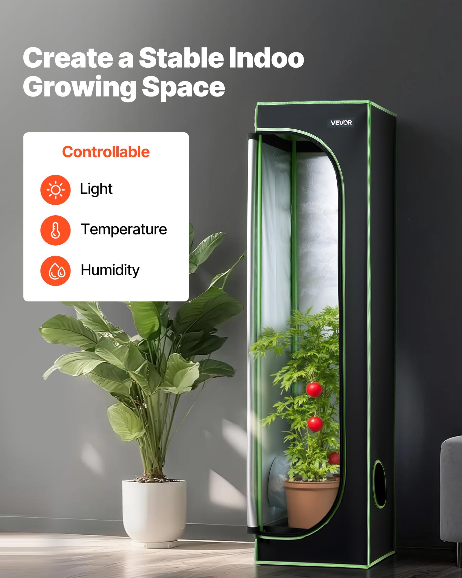 VEVOR Armario de Cultivo Interior 40x40x160 cm, Carpa de Cultivo con Ventana de Observación, Bandeja de Suelo y Cremallera, Mylar 600D de Alta Reflectancia, Tienda para Plantas, Flores, Verduras