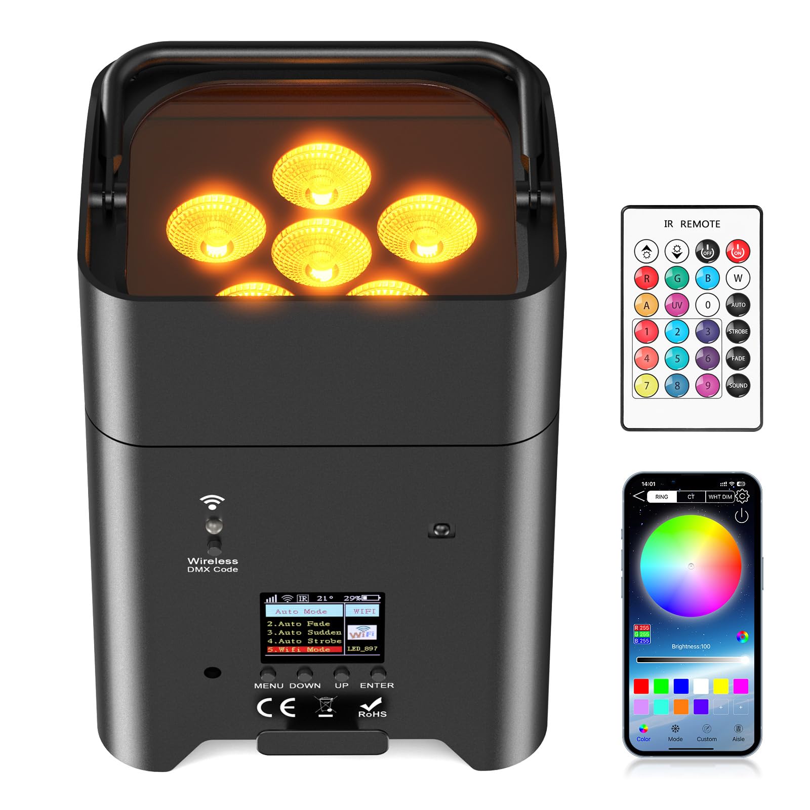 108 W batería RGBWA+UV LED Par Faro APP (IOS y Android), luz LED recargable para escenarios al aire libre con mando a distancia/luz de discoteca DMX para fiestas, DJ, bodas, banquetes