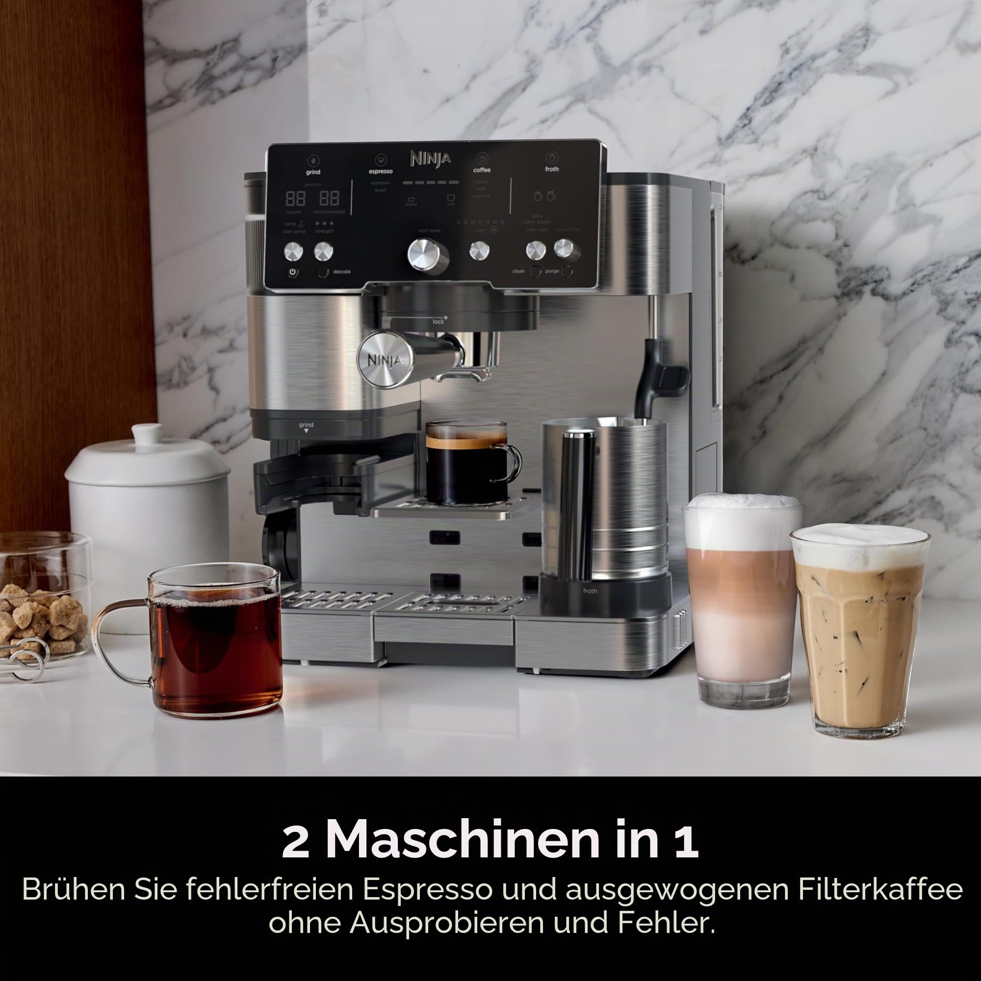 Ninja Luxe Café Essential Serie Espressomaschine Tropfkaffeemaschine integriertes Mahlwerk freihändiger Aufschäumer Cappuccino Latte
