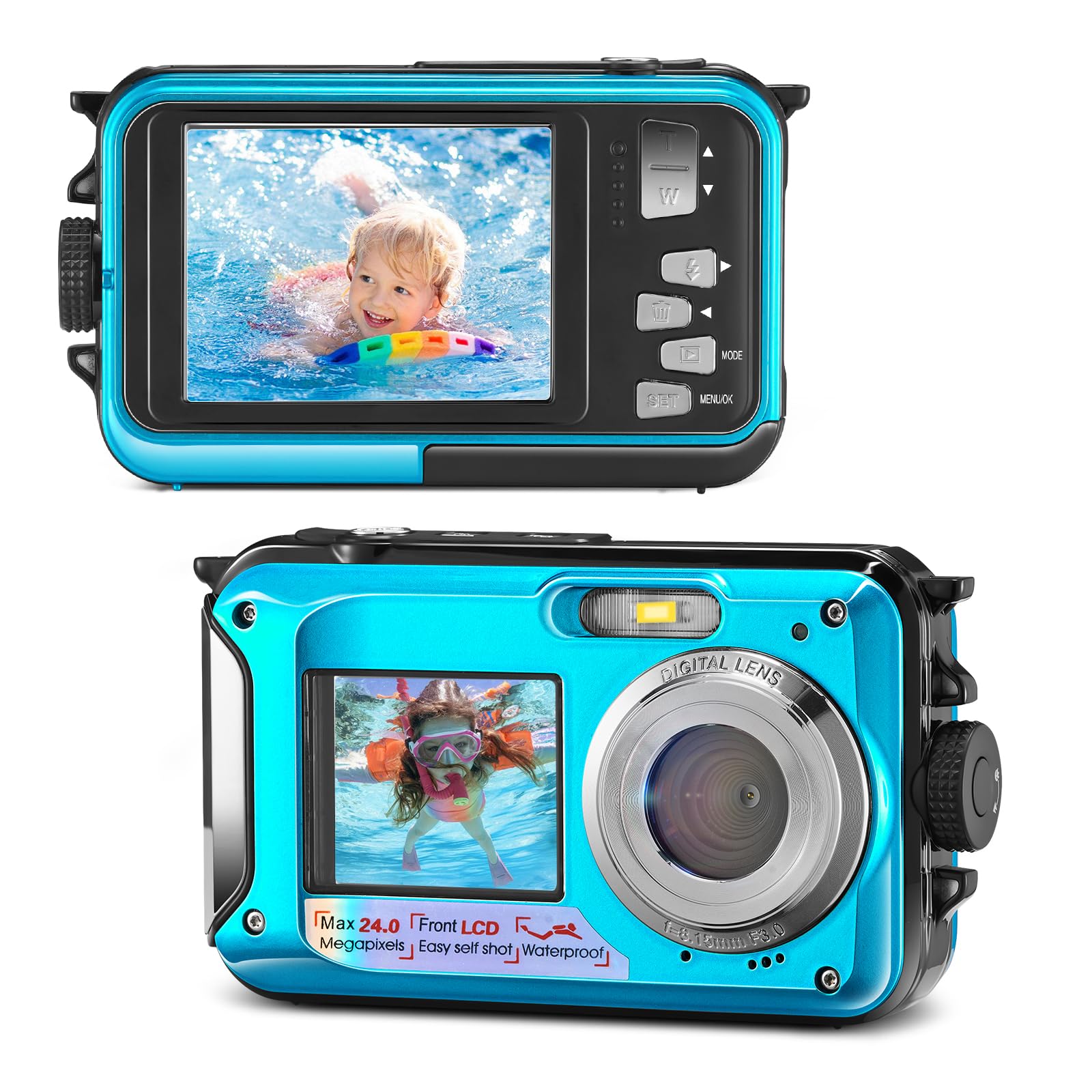Fotocamera impermeabile digitale Full HD 2,7 K 24 MP Macchina Fotografica Subcquea 16X Zoom digitale fotocamera impermeabile con doppio schermo, per adolescenti studenti principianti