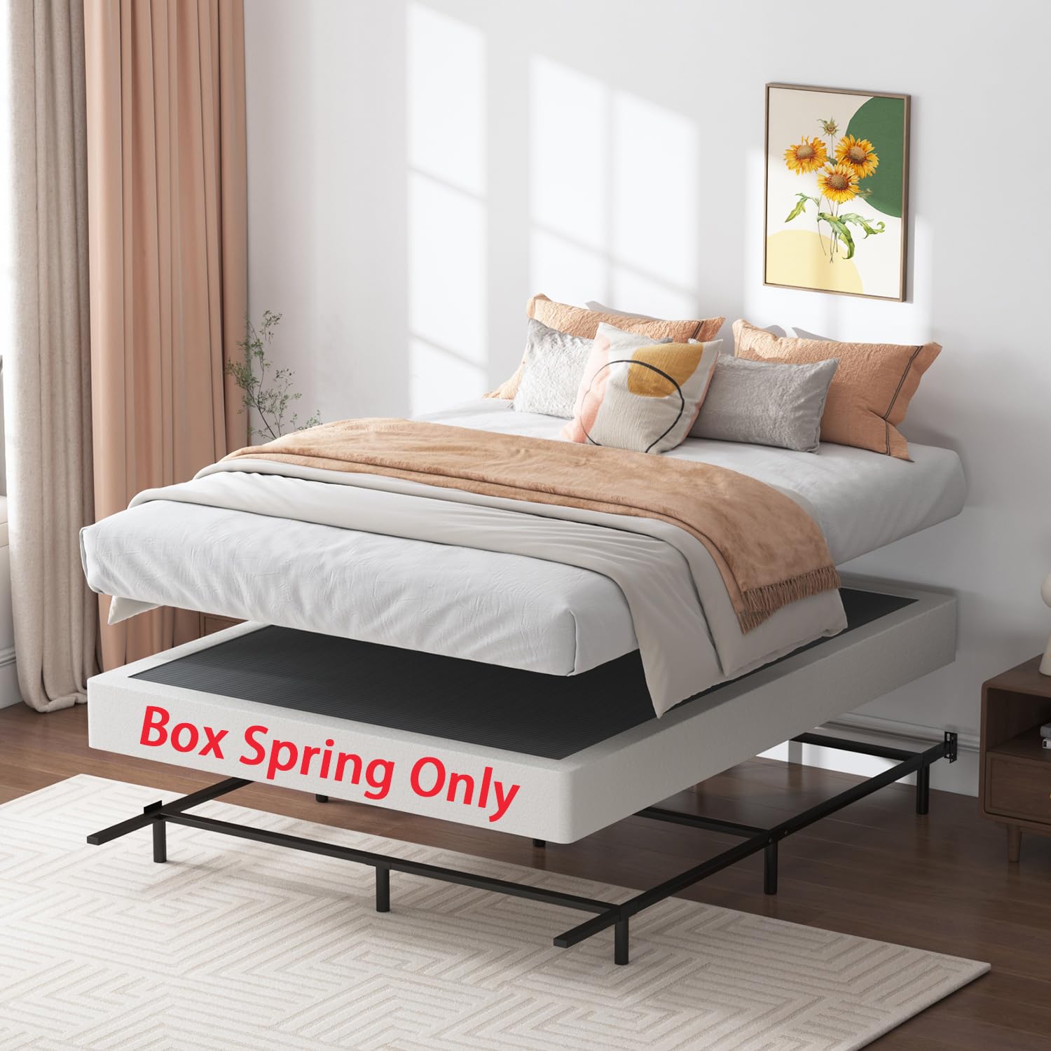 SHLAND Queen-Size-Boxspringbett, 17,8 cm, niedriges Profil, 1360 kg, schwarz, robuste Metallmatratzenfundament mit leicht zu reinigendem Stoffbezug, einfache Montage