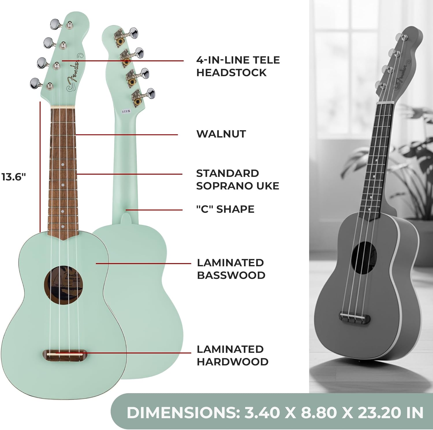 Fender Venice Soprano Ukulele - Surf Green Bundle with Gig Bag, Tuner, and Austin Bazaar Instructional DVD