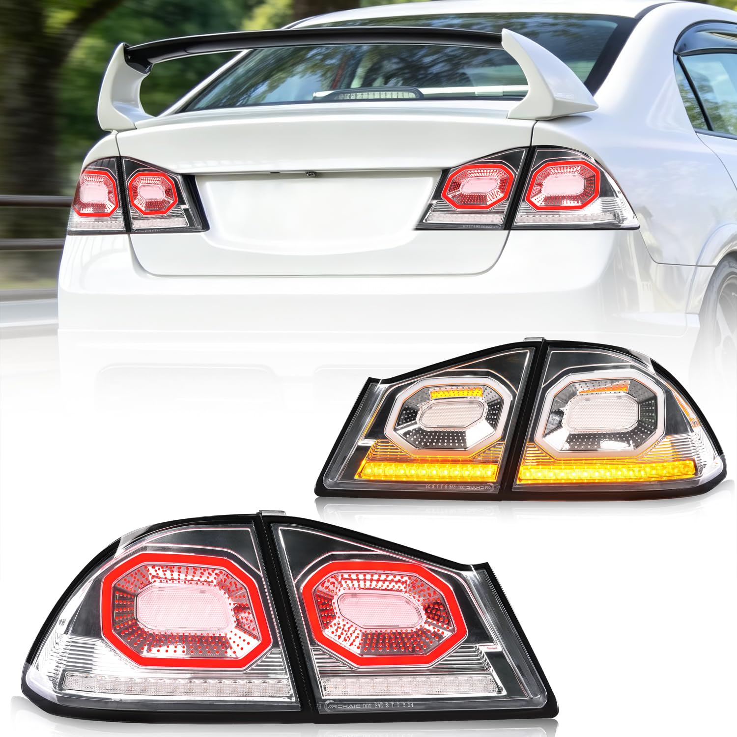 Archaic Fanali posteriori Per vintage Civic FD1/FD2 Type R//FD3 JDM | Design Diamant,2007-2010 LED Fari posteriori Con DRL animati,Frecce dinamiche + luci stop, retromarcia e fendinebbia