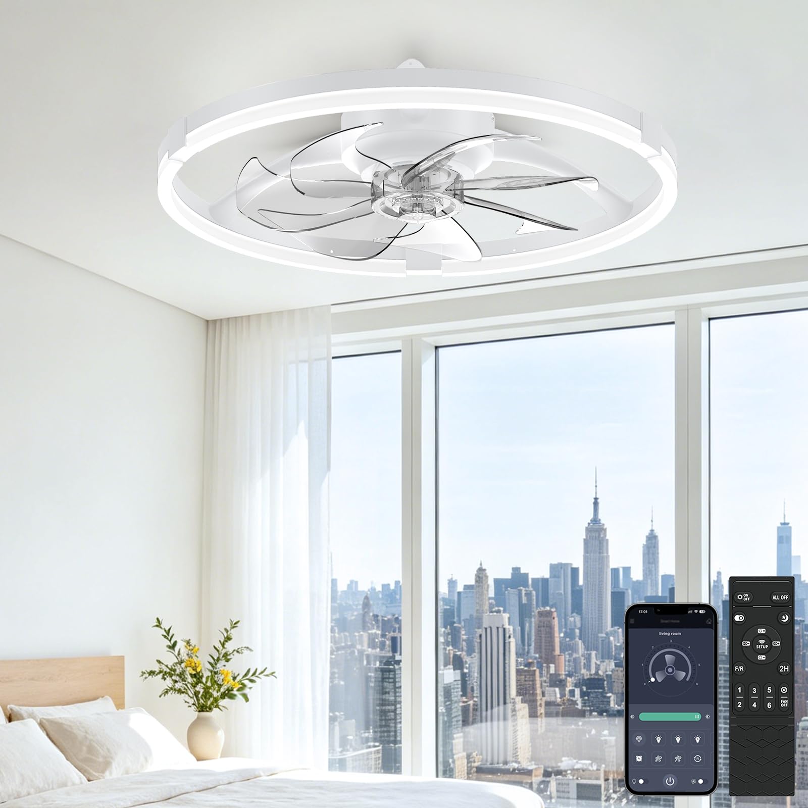 Photo 1 of ***PARTS ONLY***NON FUNCTIONAL***Franjulia 20'' Low Profile Ceiling Fan with Lights, Ceiling Fans with Lights and Remote, 3000-6500K Dimmable Modern Flush Mount LED Fan Lights, 6 Wind Speeds Ceiling Fans for Bedroom