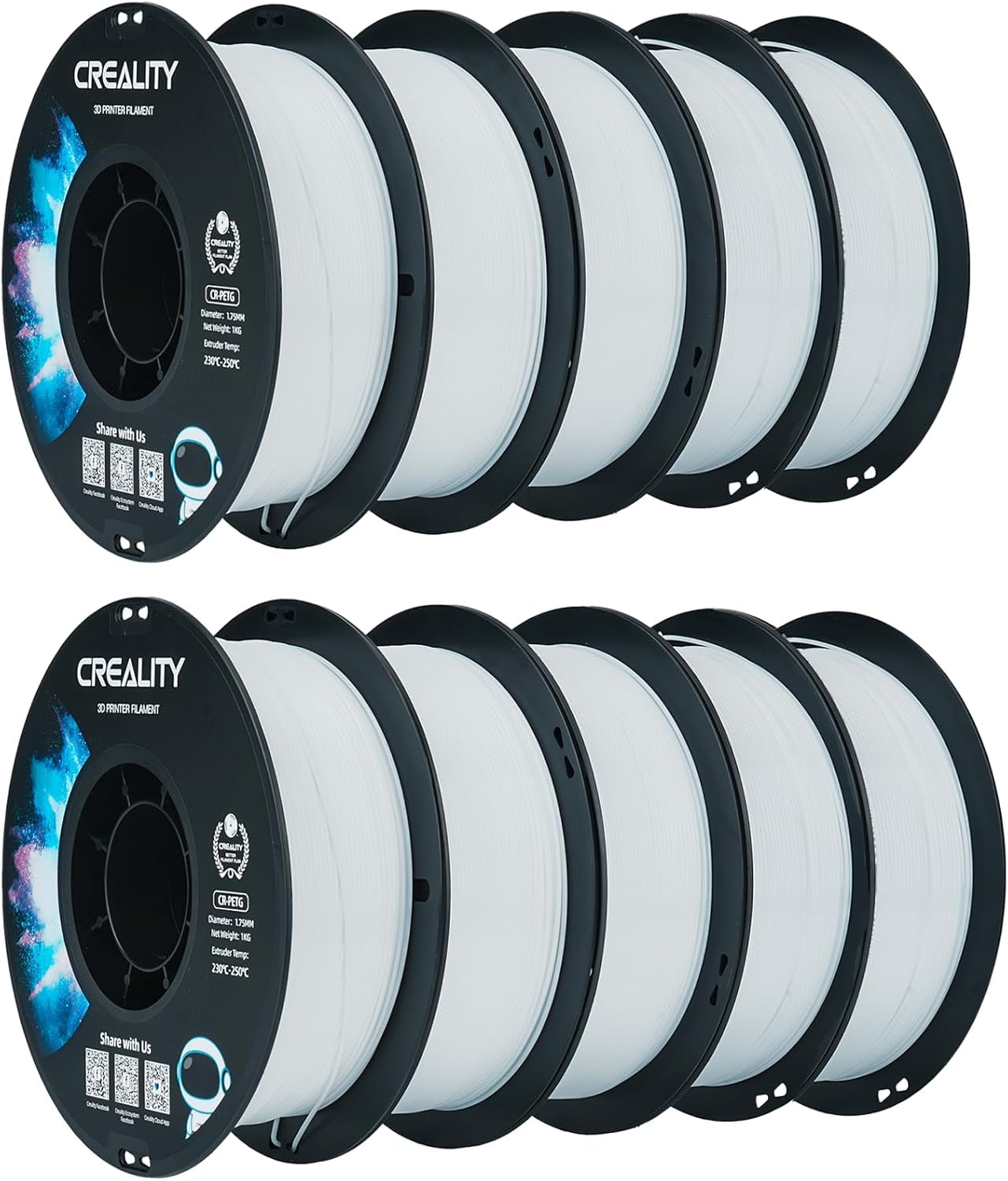 Creality PETG Filament 1,75mm, 3D Drucker Filament, CR-PETG, ±0,02mm Maßgenauigkeit, Hohe Druckstabilität, Weiß, 10er Pack
