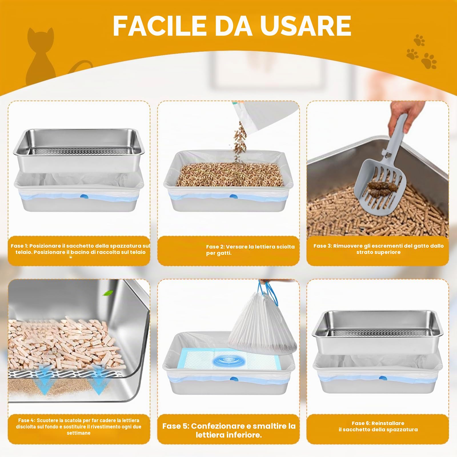 Gabinetto per lettiera in acciaio inossidabile con coperchio, grande vassoio per riempimento per lettiera per gatti con pellet di pino e gatti di piccola taglia (20 cm)