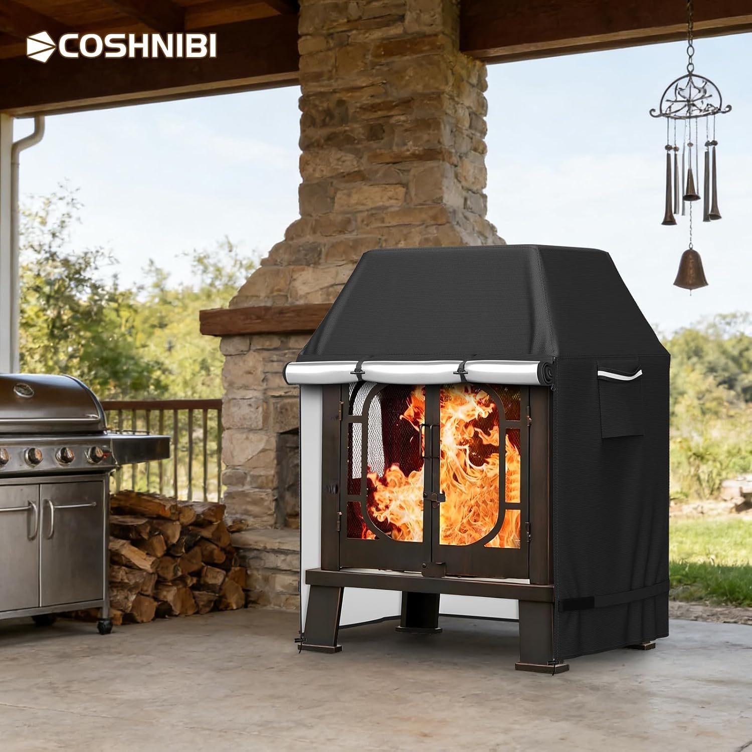 COSHNIBI Outdoor Fireplace Cover,Heavy Duty Waterproof Square Chimineas Fireplace Covers,Cover for Panovue Chiminea Fire Pits,32”L x 24”W x 45”H,Black
