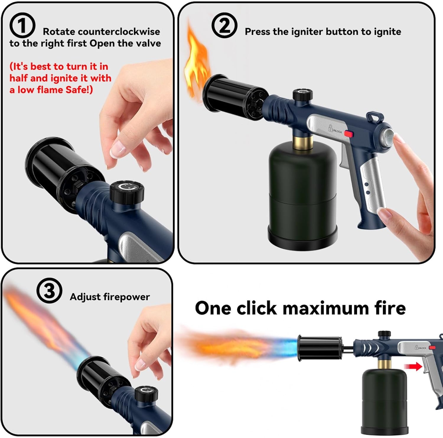 Propane Torch with Safety Lock,Hand Held Adjustable Flame Thrower Gun Cooking Torch Gun One-Touch Ignition for Grill/BBQ/Charcoal Lighter(Blue)