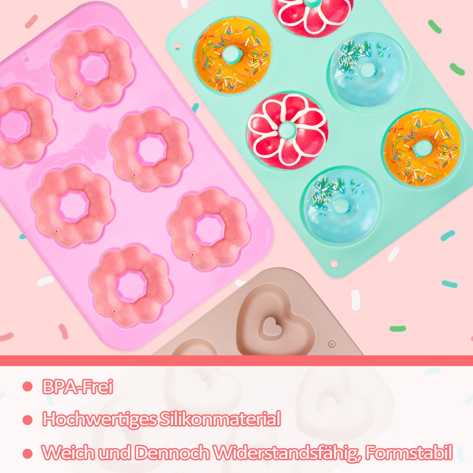 TNSLAND 4 sztuki silikonowych foremek do pieczenia donutów, 3 kolory, z pędzlem do oleju, nieprzywierające, do pieczenia ciast, bajgli, muffinek (okrągłe, kwiaty i serca)
