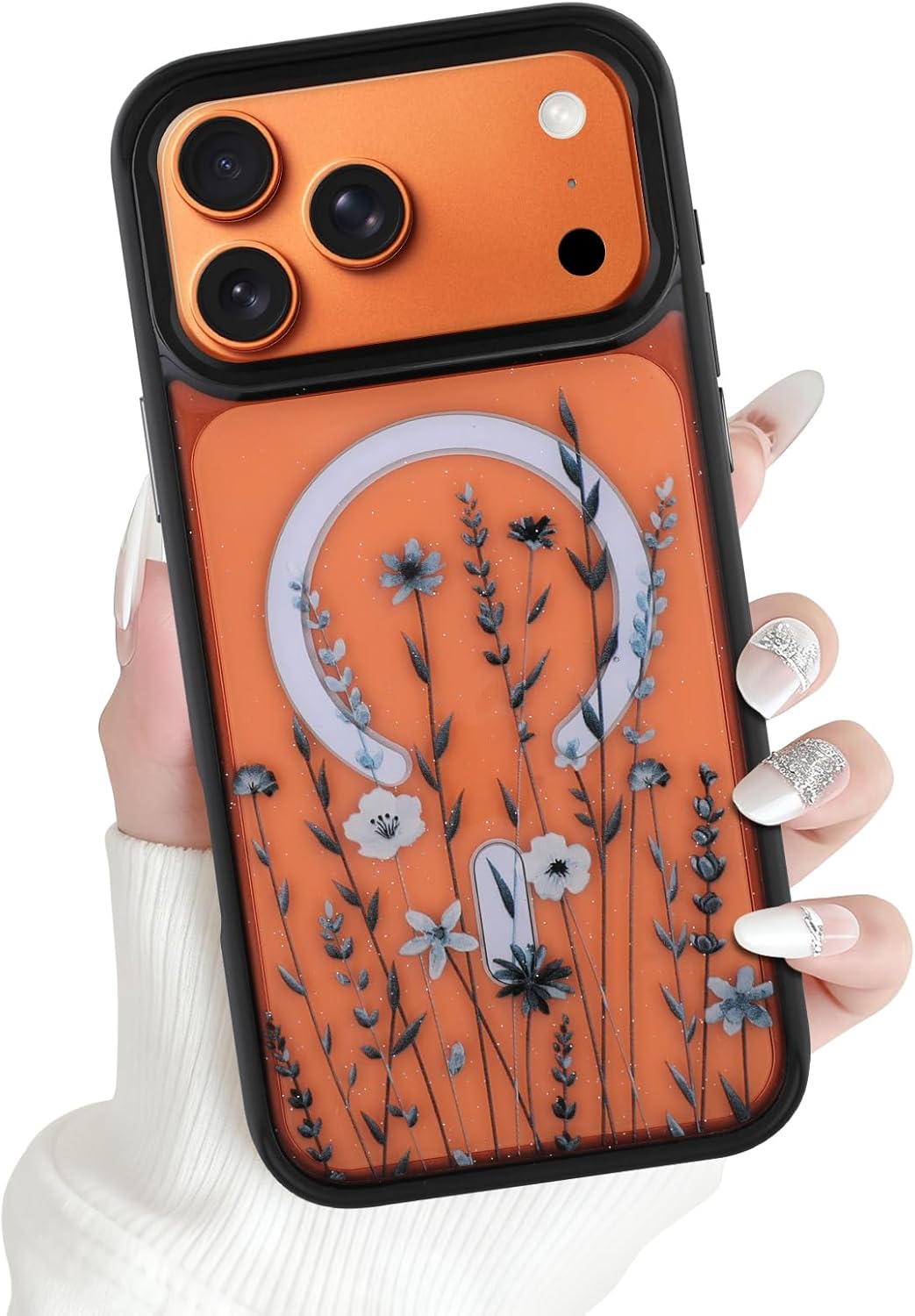 OOK Case Fit for iPhone 17 Pro Max 6.9 Inch (Compatible with MagSafe) Clear Glitter Phone Cover with Black Floral Flowers Design Soft TPU + Hard PC Anti-Scratch Shockproof Magnetic Case for Women