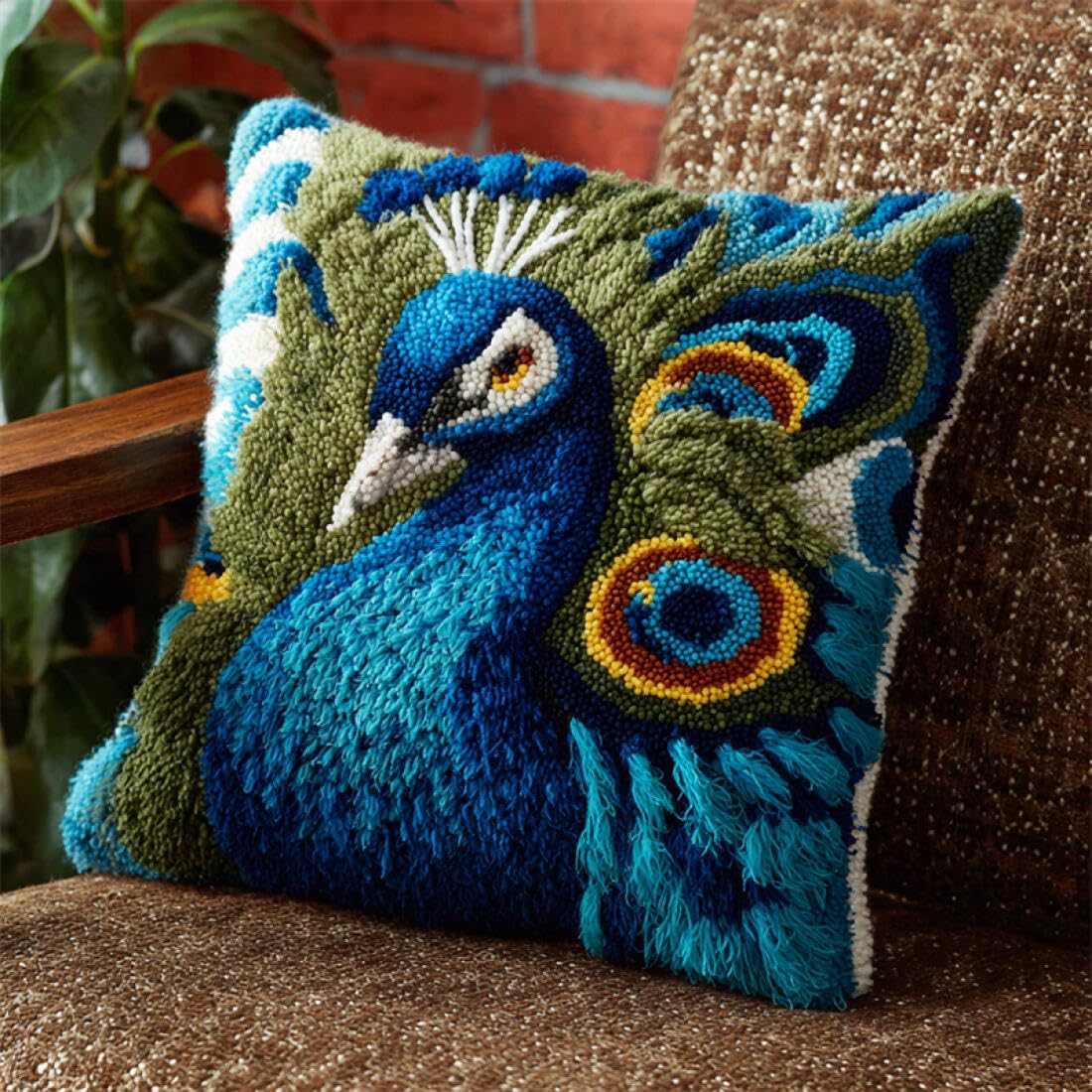 Kitquiver Animal Latch Hook Cushion Set Fantasy Peacock DIY Latch Hook Rug Kit for Beginners Embroidery Cushion Canvasfor Adult Beginners 17x17In