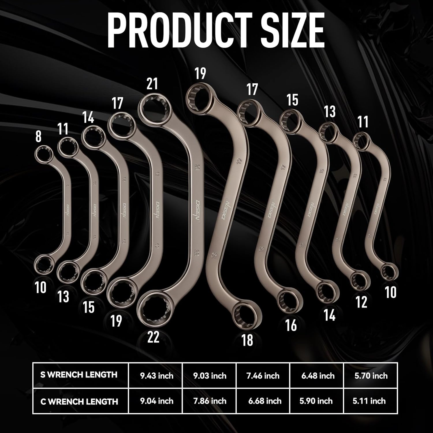 DISEN S-Style & Half Moon Box Wrench Box Wrench Set Metric, C-Style 8mm-22mm Wrenches, S-Style 10mm-19mm Wrenches, 12 Point, CR-V Steel,Nickel Plating with Organizer Bag