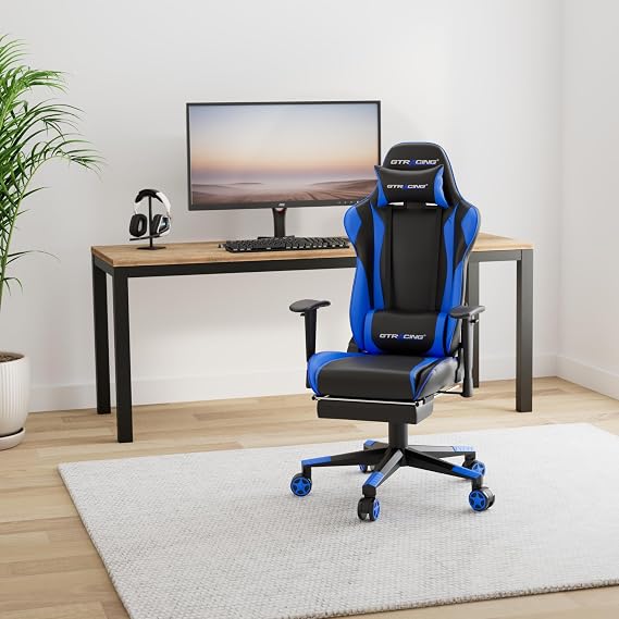 GTRACING Gaming Chair, Office Chair, Desk Chair, Game Chair, Reclining, Computer Chair, High Back, Headrest, Lumbar Support, Armrests, Height Adjustment, PU Leather, Ottoman Included, Blue