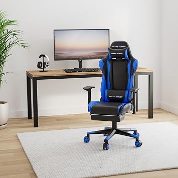 GTRACING Gaming Chair, Office Chair, Desk Chair, Game Chair, Reclining, Computer Chair, High Back, Headrest, Lumbar Support, Armrests, Height Adjustment, PU Leather, Ottoman Included, Blue