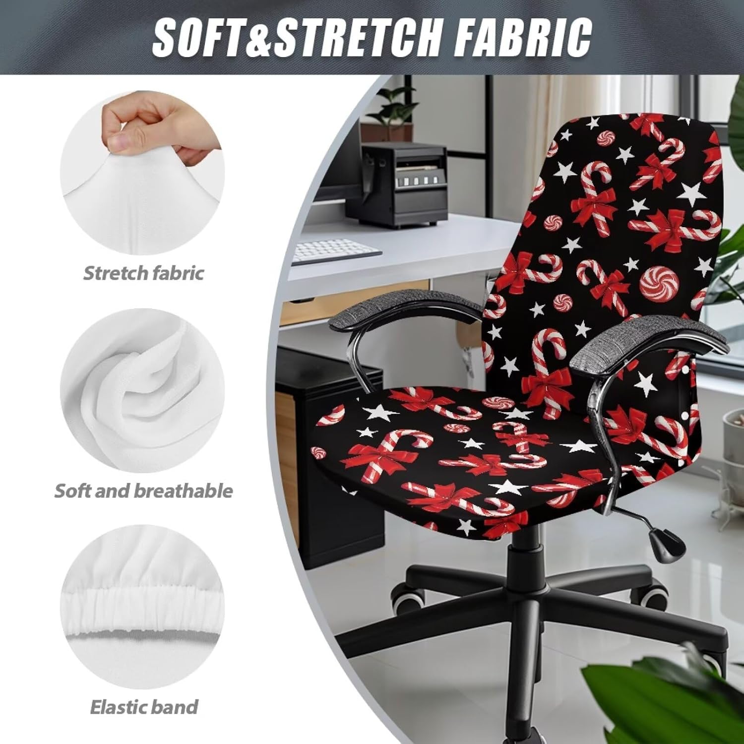 Soft Stretch Office Chair Seat Cover Candy Cane Non-Slip Computer Desk Armless Chair Slipcover with Bottons Modern Christmas Decor Dust Cover for Office Size L