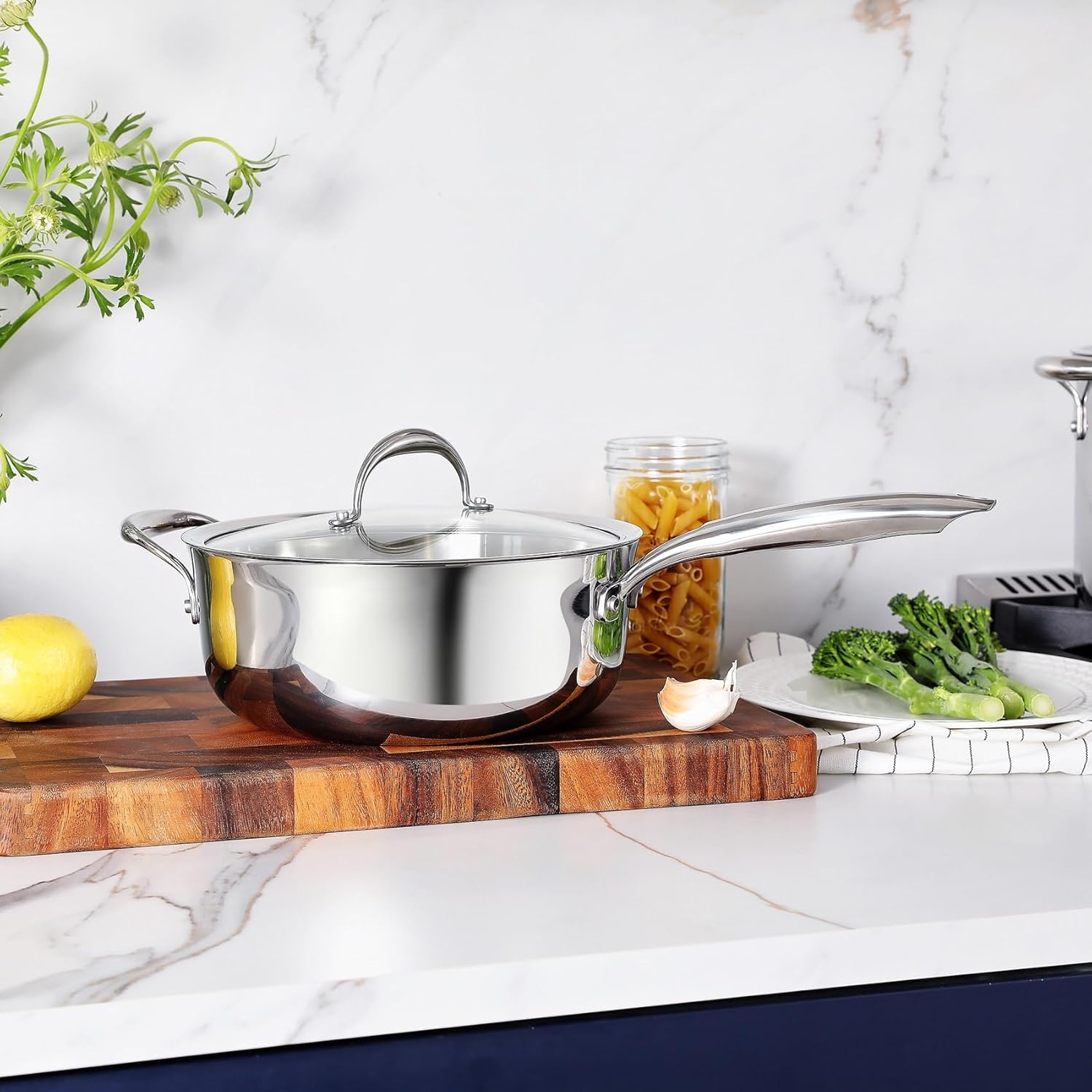 KEAWELL K3 Premium 4-Quart Tri-Ply Stainless Steel Sauté Pan with Lid, Induction & Oven Safe up to 600°F, Even Heating, Professional Cookware for All Stovetops (4-Qt)