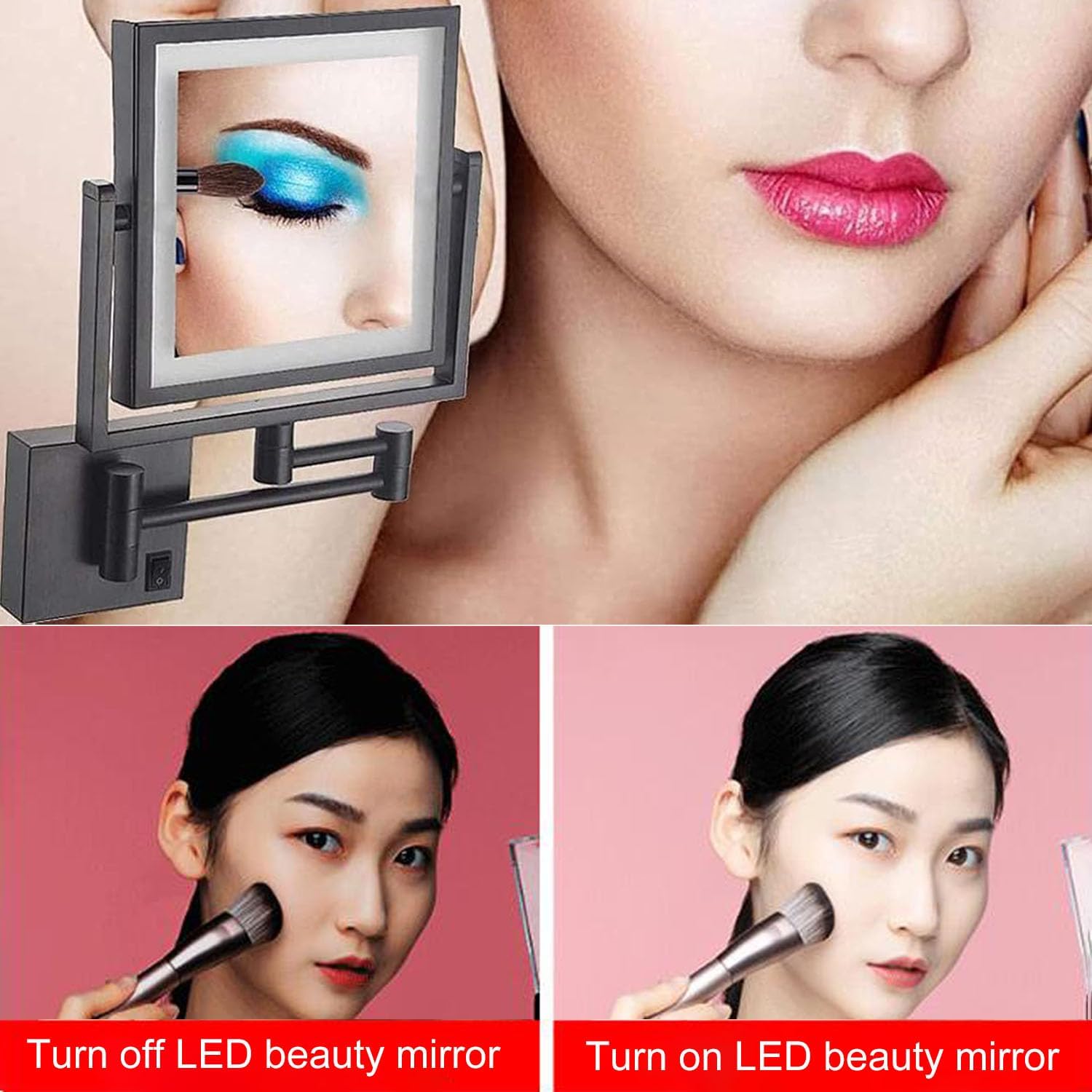 LED Makeup Vanity Mirrors, 8 Inch Square Double Sided Lighted Cosmetic Mirror Wall Mounted Bathroom Mirrors, 3X Magnifying Shaving Light up Mirror 360°Swivel Makeup Mirrors (Black,Hardwired)