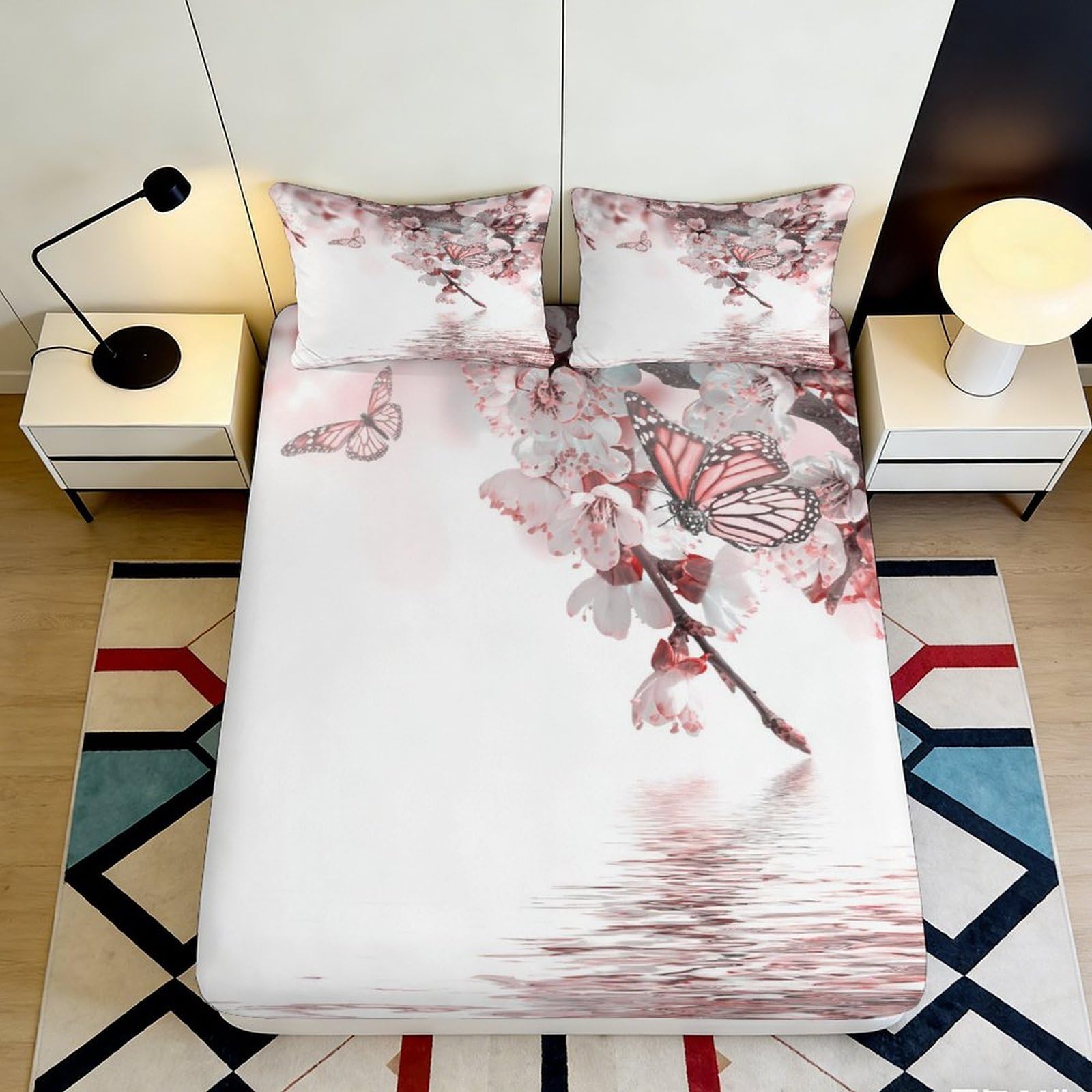 Uynsixtme Style-7 3D Printed Sakura Design Fitted Sheet Microfiber Non-Slip Deep Pocket Bedroom Bedding Sakura Mattress Fitted Cover 90X200x25cm