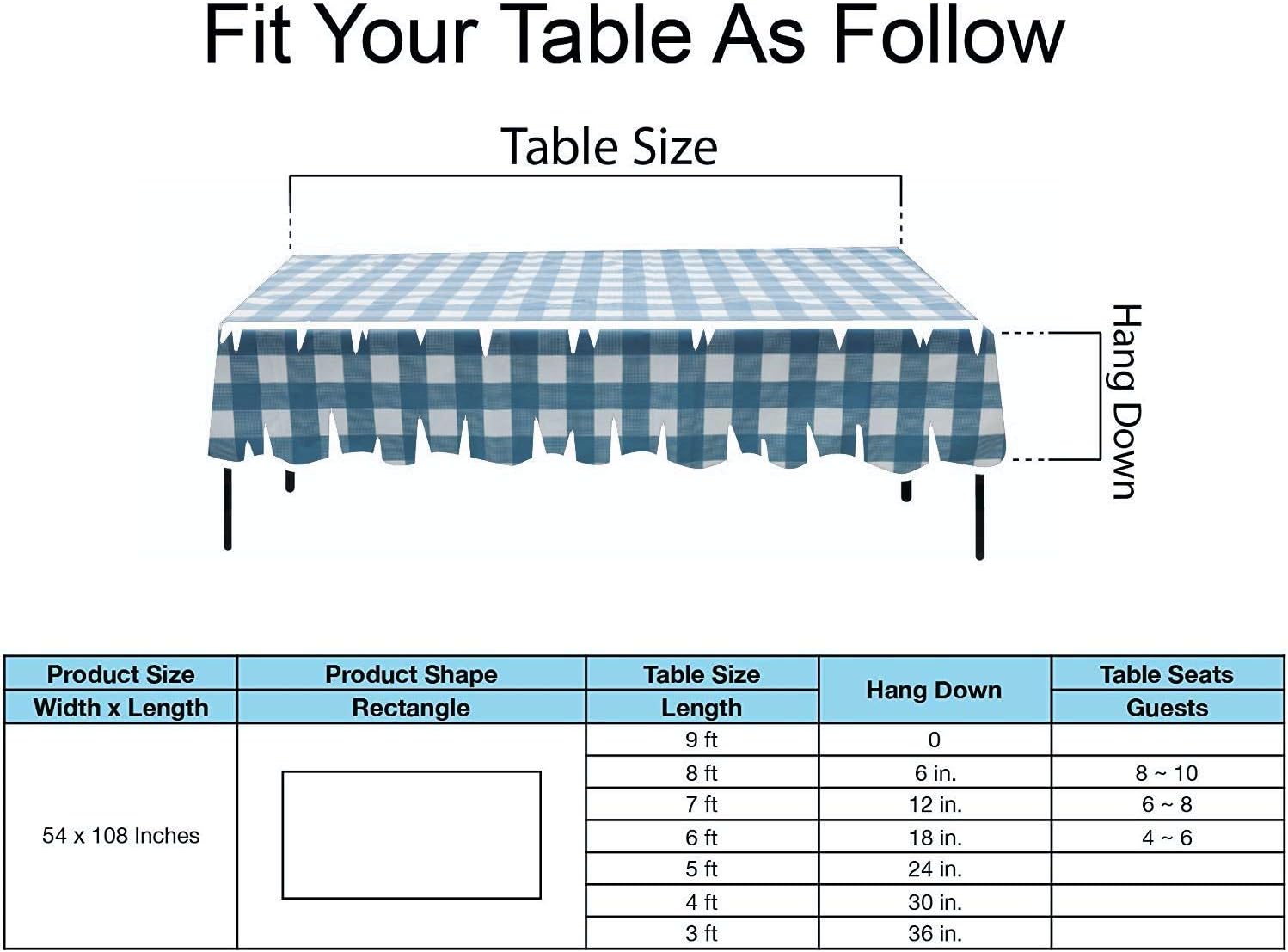 Blue Gingham Checkered Plastic Tablecloths 12 Pack Disposable Table Covers 54 x 108 Inches Party Tablecovers PEVA Vinyl Buffalo Plaid Table Cloths for Rectangle Tables Upto 8 ft and Picnic Barbecue