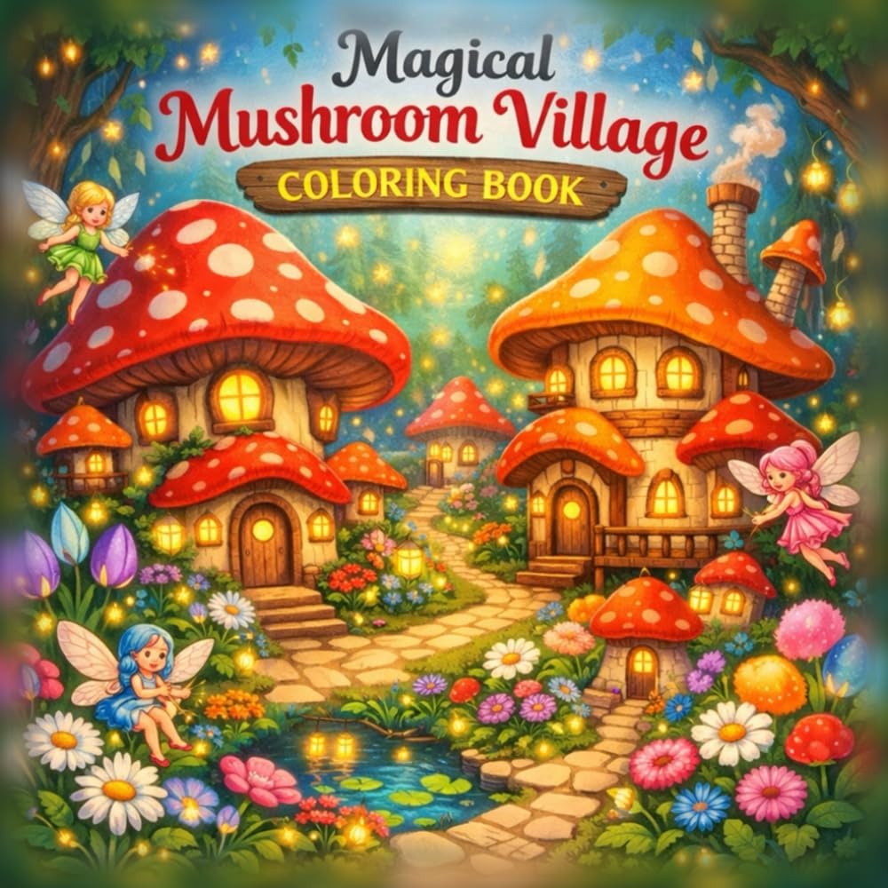 Magical Mushroom Village Coloring Book: 50 Enchanting Mushroom Homes, Fairy Villages, and Fantasy Forest Scenes to Color