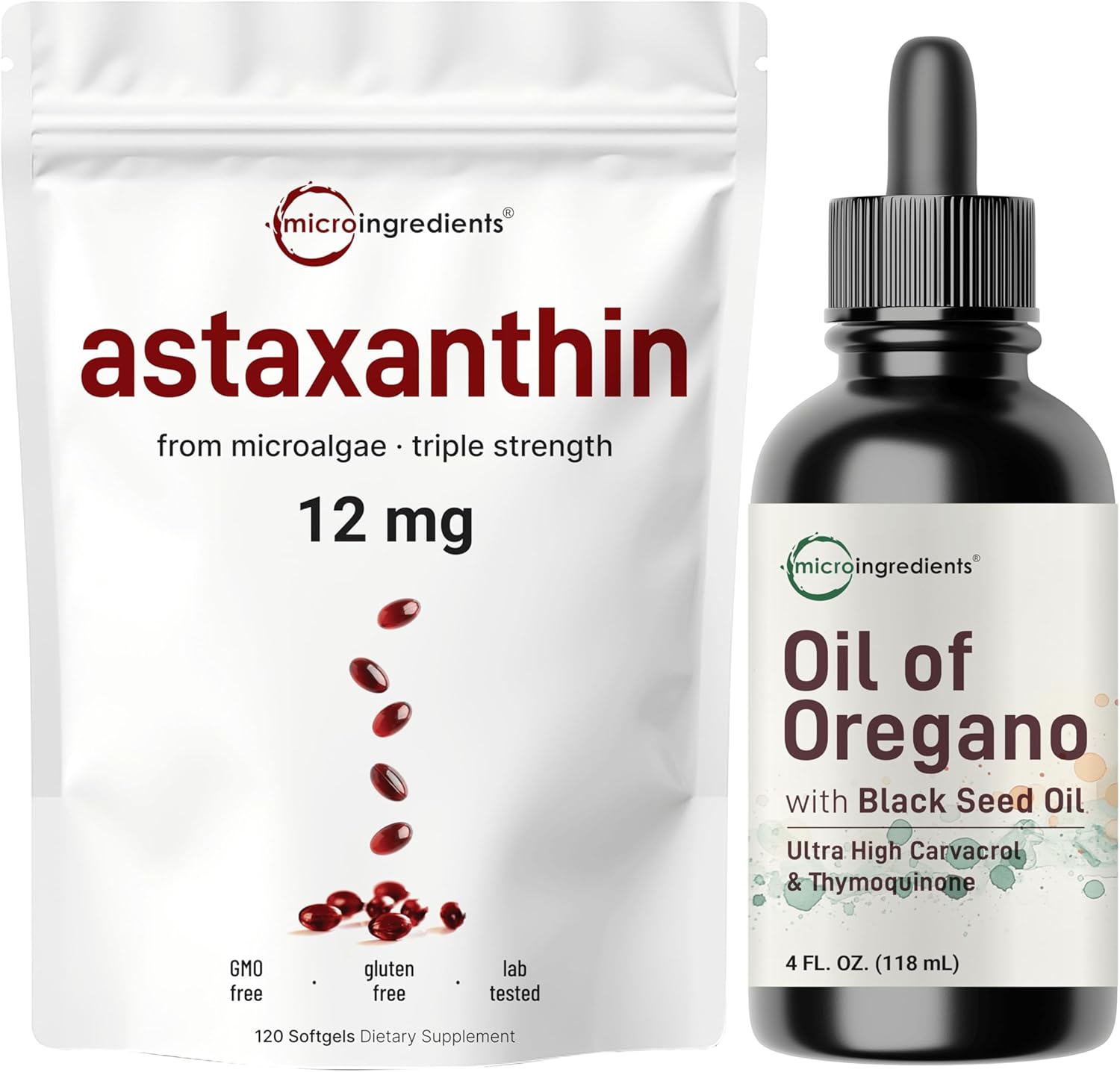 Micro Ingredients Astaxanthin 12mg Softgels & Oil of Oregano with Black Seed Oil Drops | 2 Pack Bundle | Fresh Microalgae Source + Antioxidant Supplements | Ultra High Thymoquinone + Carvacrol