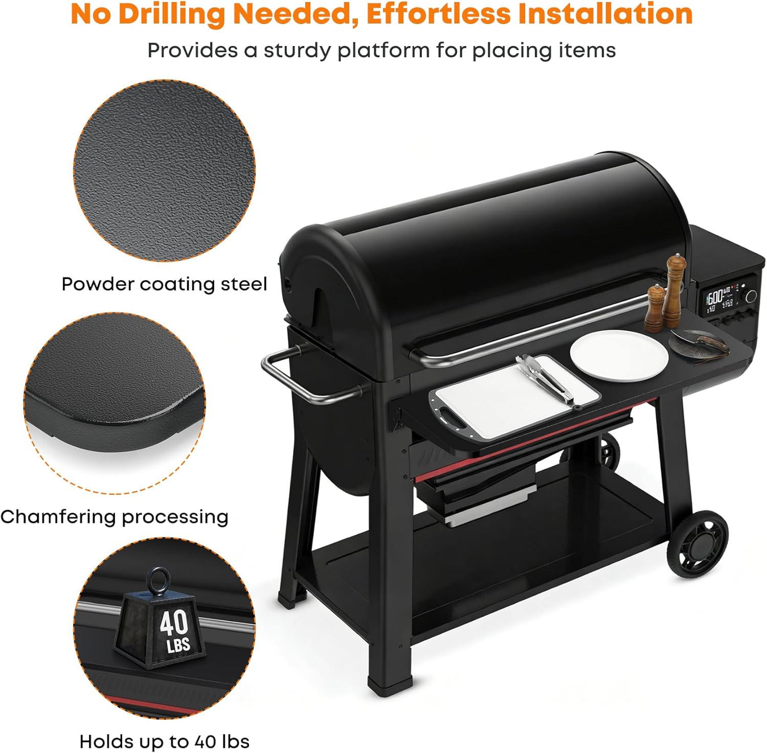 Stanbroil Folding Front Shelf for Weber Searwood 600 XL Pellet Grill, Grill Accessories to Add Work Space, Storage and Food Prep, 34.8" L X 12" W