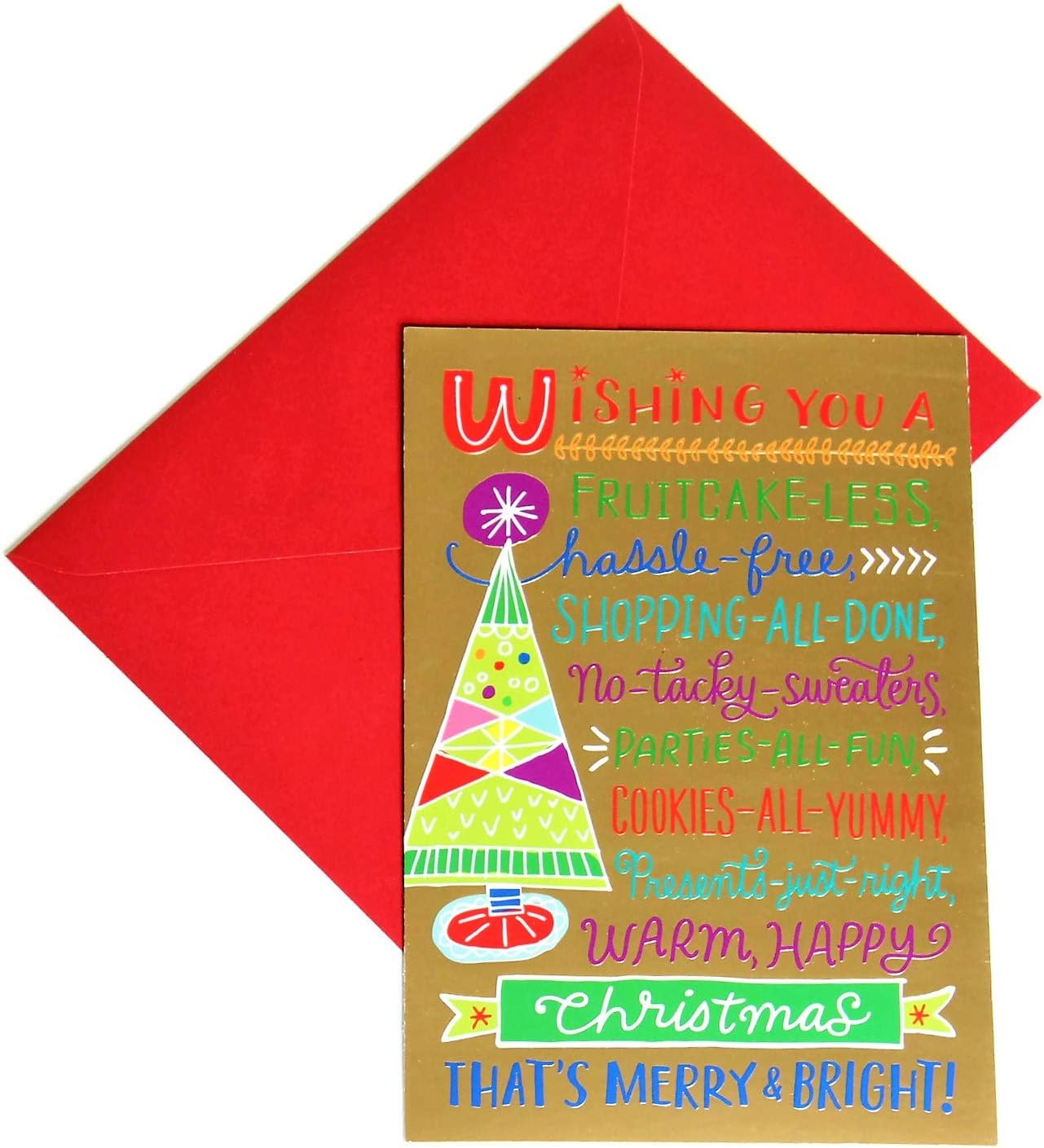 Hallmark Christmas Boxed Cards, Set of 16 Greeting Cards and 17 Envelopes, Colorful Embossed Christmas Words on Gold Color Cardstock (Christmas Wording)