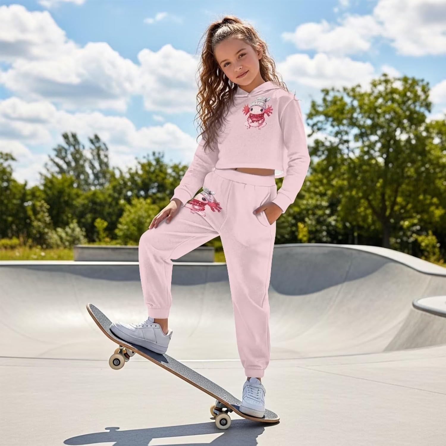 Girls Sweatsuit and Sweatpants 2 Piece Outfits Pullover Crop Tops for Kids Comfort Athletic Hoodies